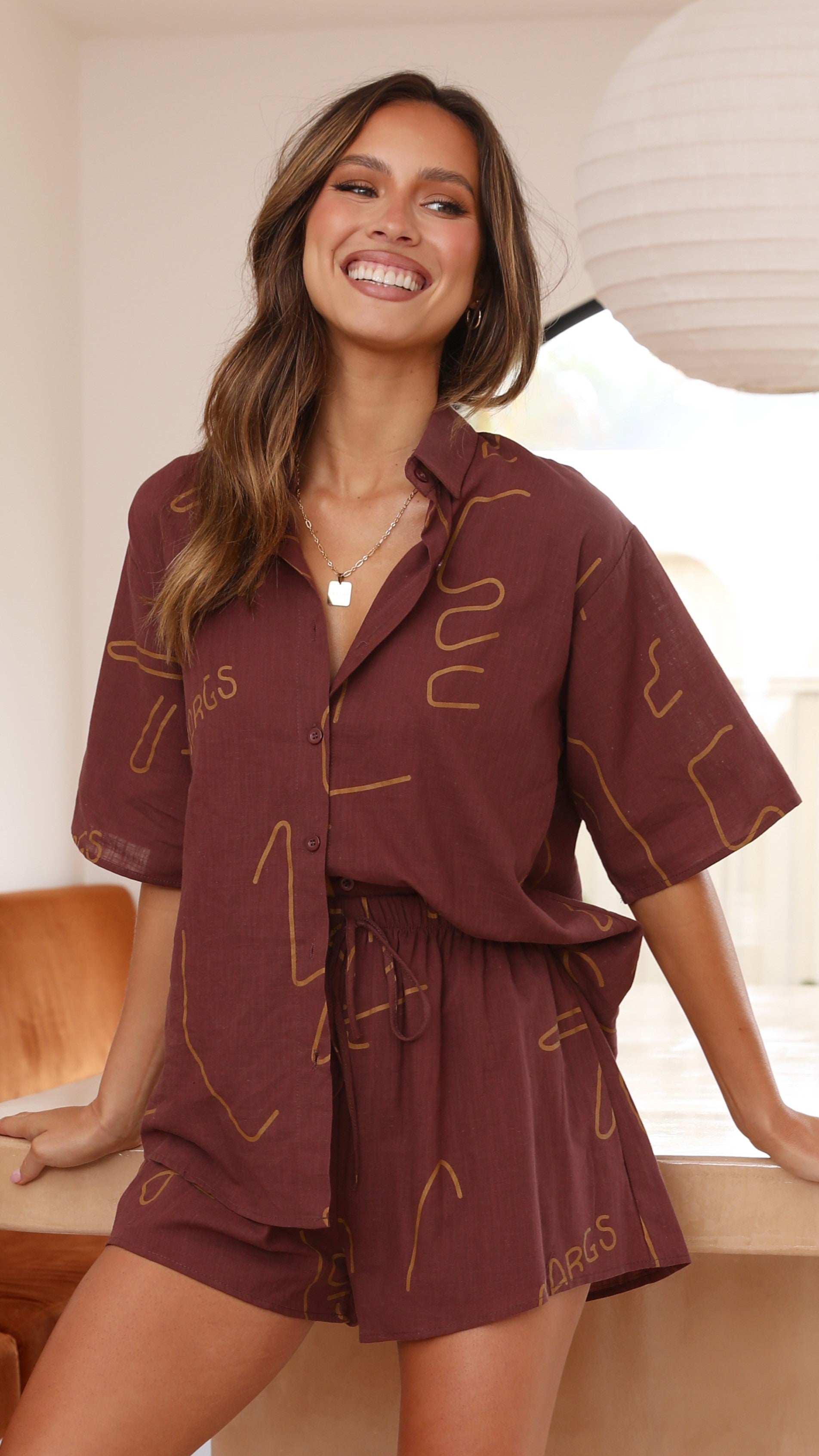 Charli Button Up Shirt and Shorts Set - Brown-Sunshines Bliss