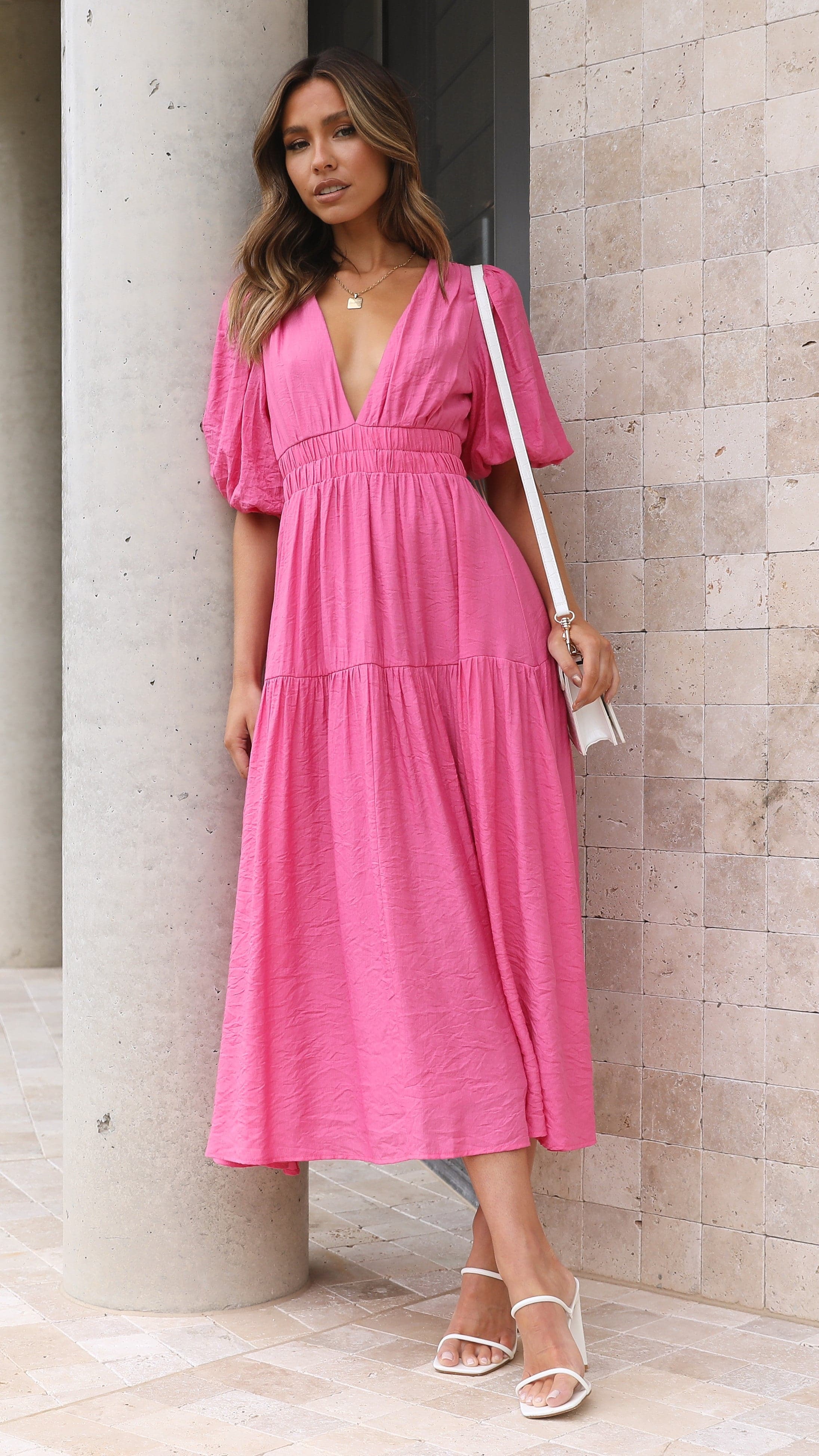 Erin Midi Dress - Pink-Sunshines Bliss