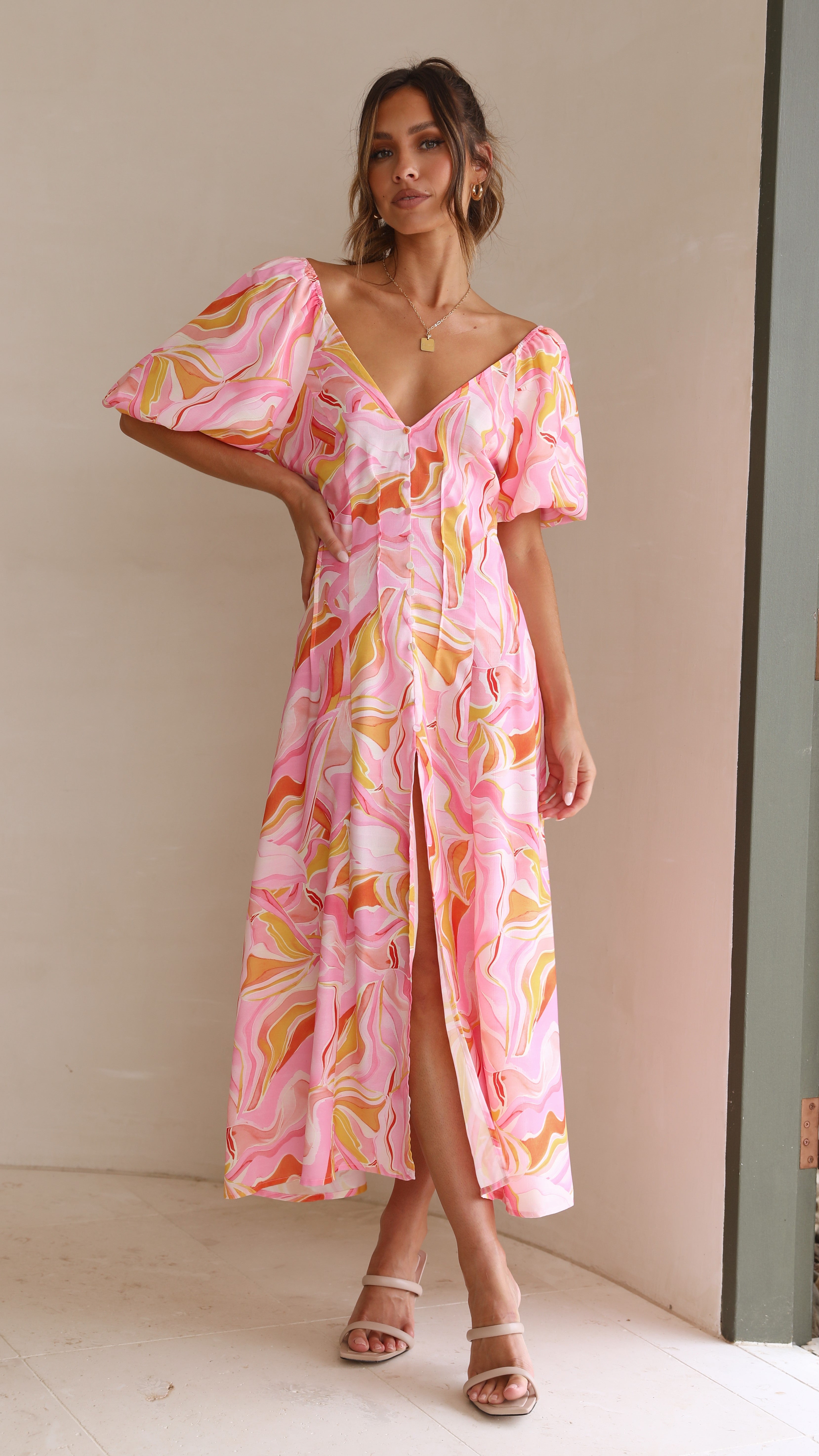Louise Midi Dress - Pink-Sunshines Bliss