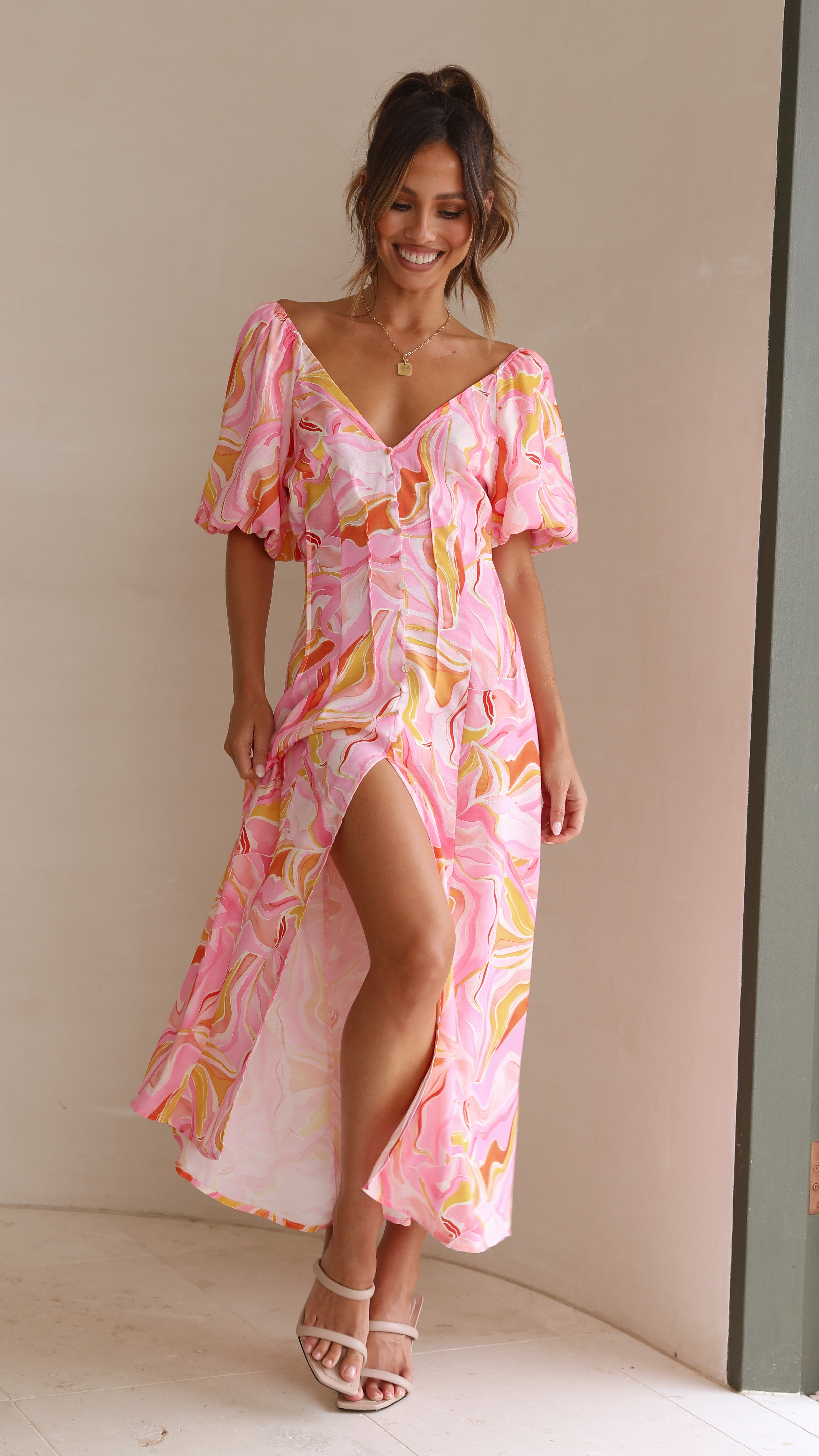 Louise Midi Dress - Pink-Sunshines Bliss