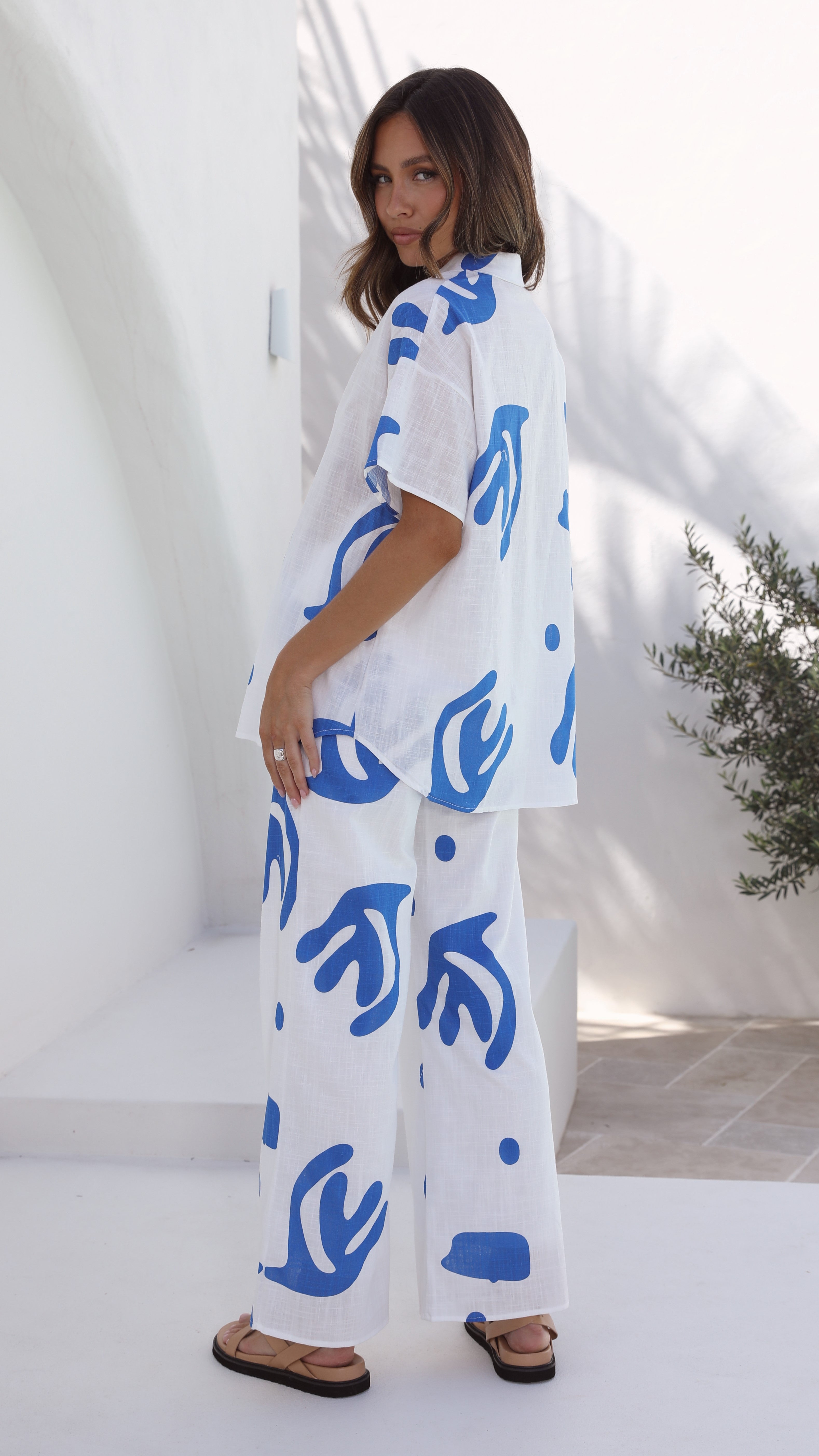 Darling Button Up Shirt and Pants - White/Blue-Sunshines Bliss