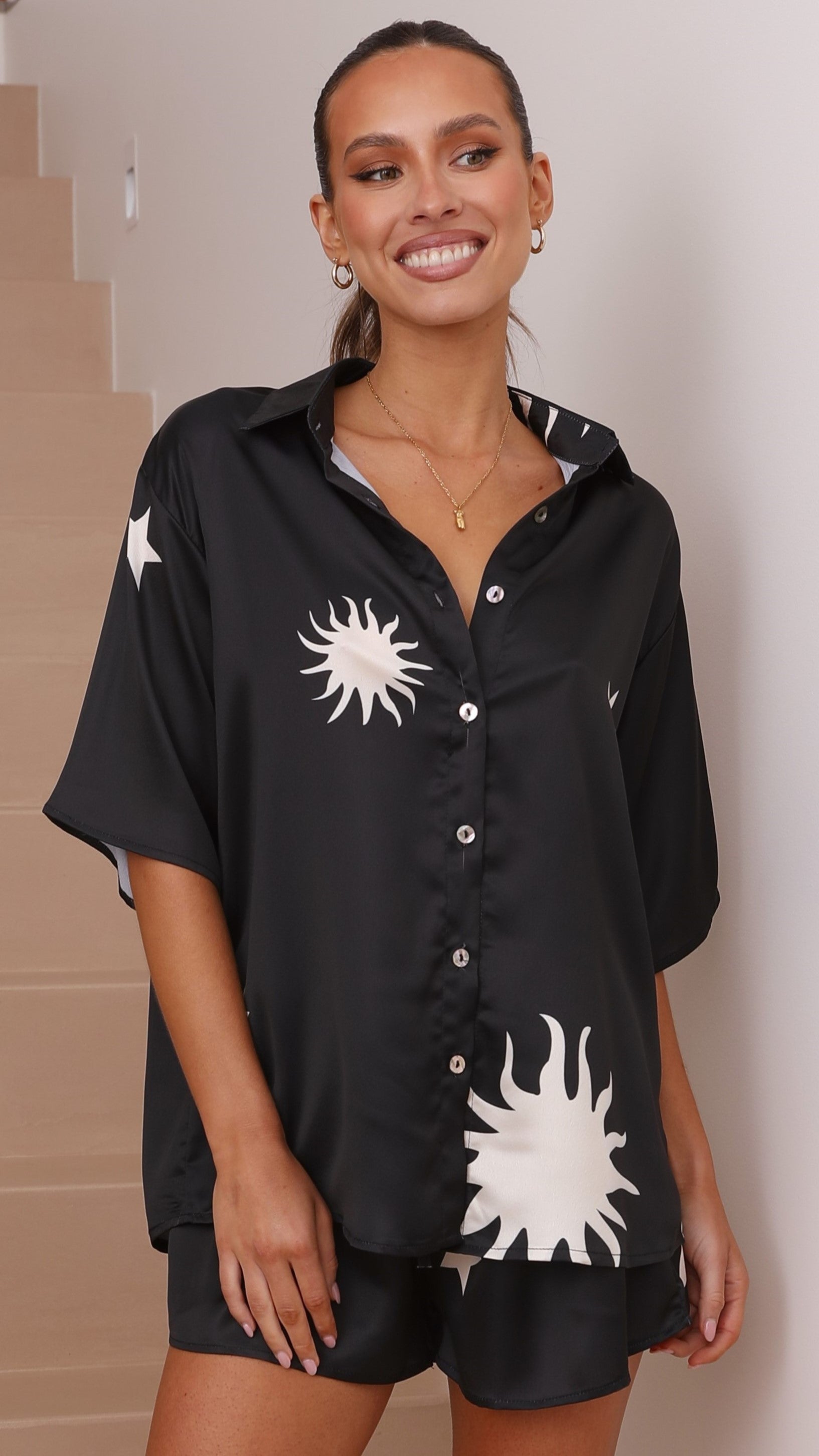 Charice Button Up Shirt and Shorts Set - Black-Sunshines Bliss