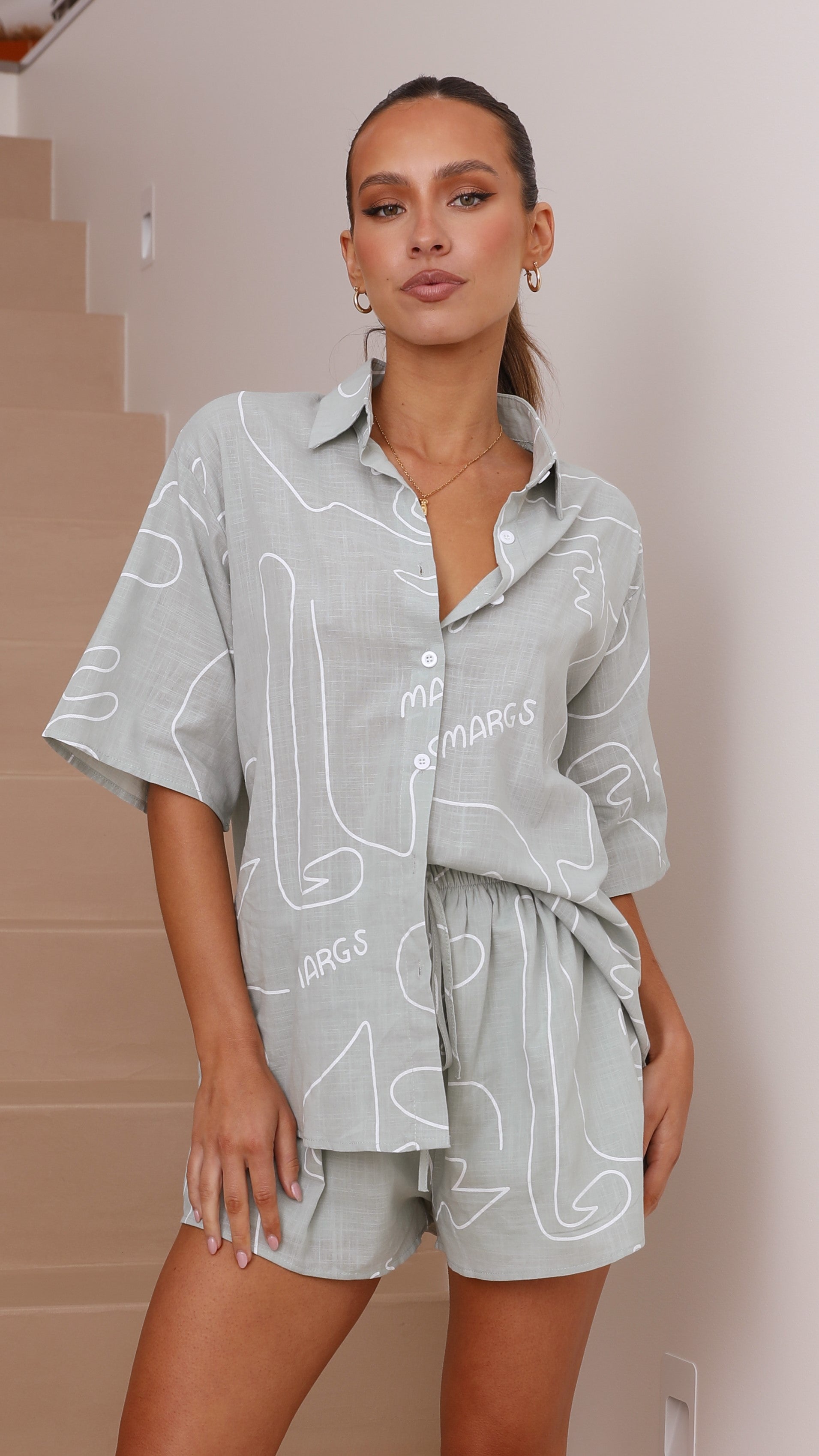 Charli Button Up Shirt and Shorts Set - Sage-Sunshines Bliss