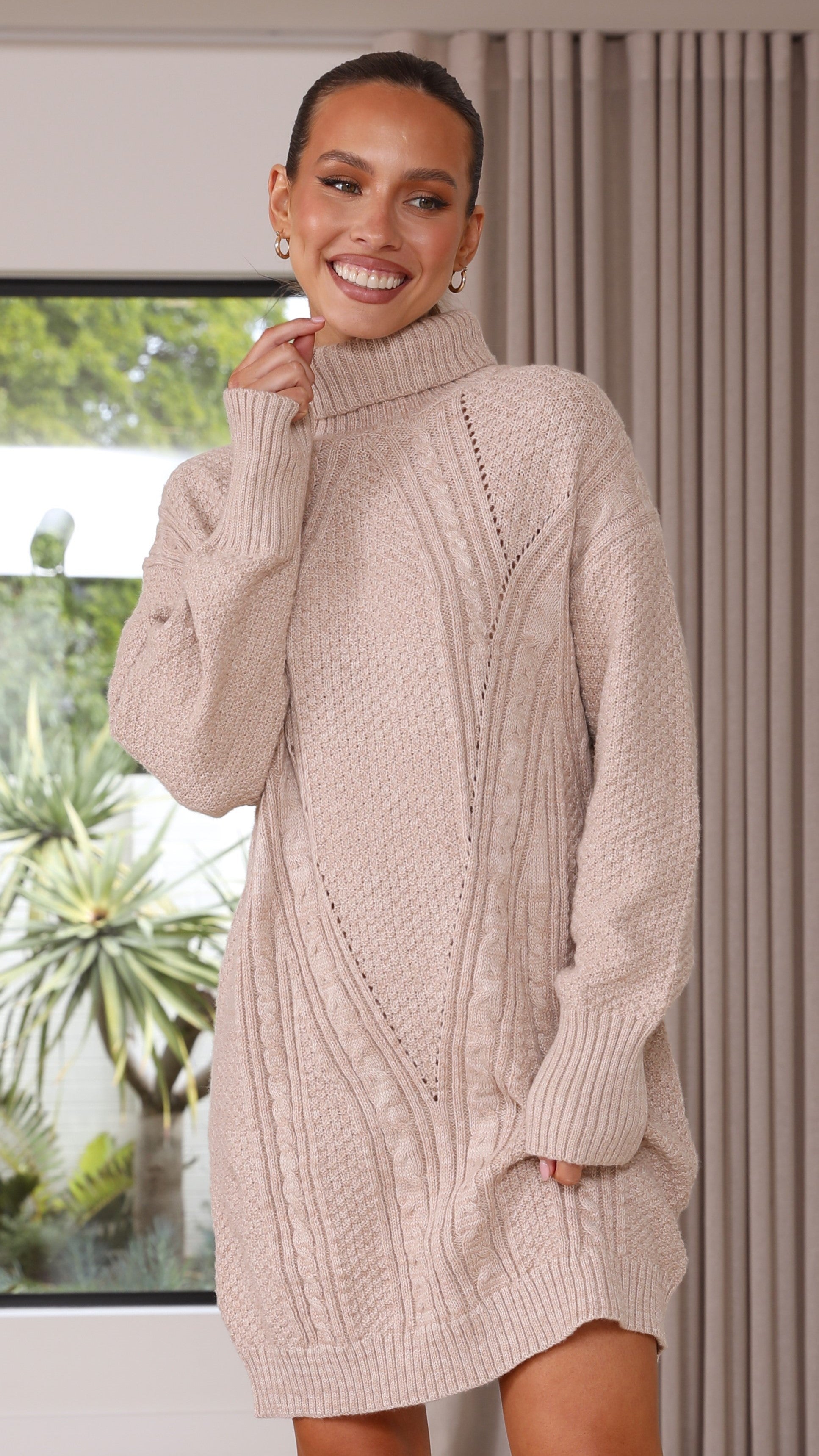 Tacinta Knitted Mini Dress - Oatmeal-Sunshines Bliss