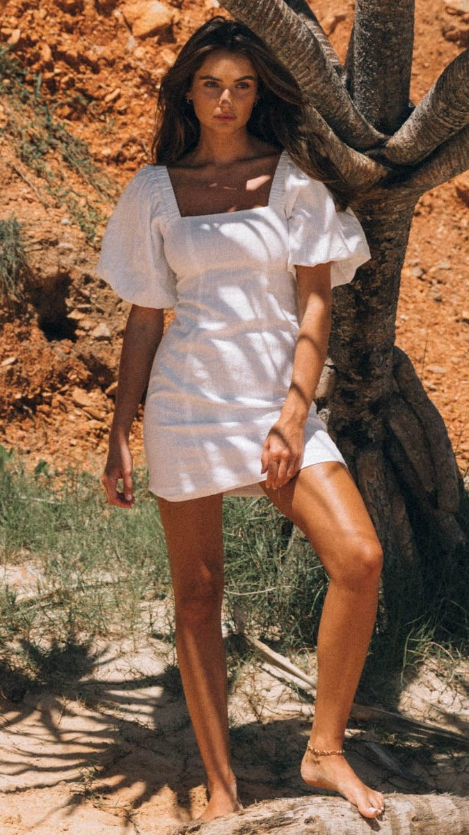 Tuscany Linen Mini Dress - White-Sunshines Bliss