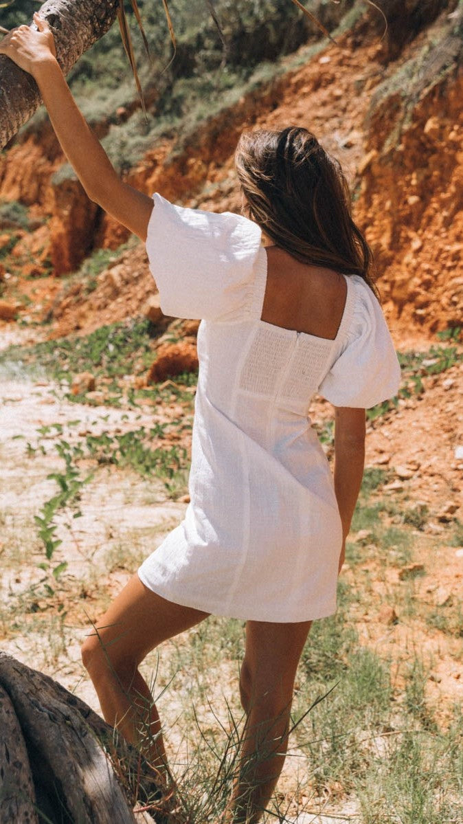 Tuscany Linen Mini Dress - White-Sunshines Bliss