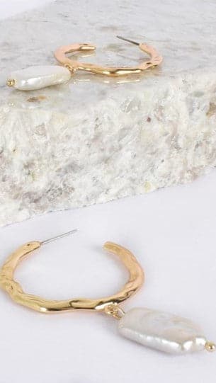 Beaten Metal Pearl Drop Hoops - Gold/Cream-Sunshines Bliss