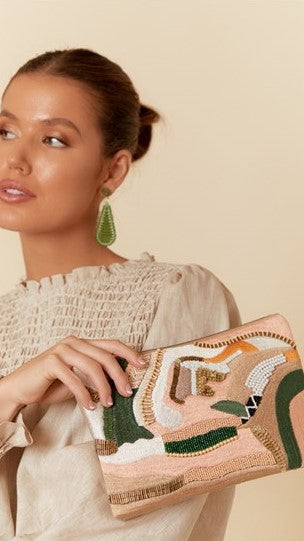 Bead Patterned Fold Over Clutch - Sage Green/Multi-Sunshines Bliss
