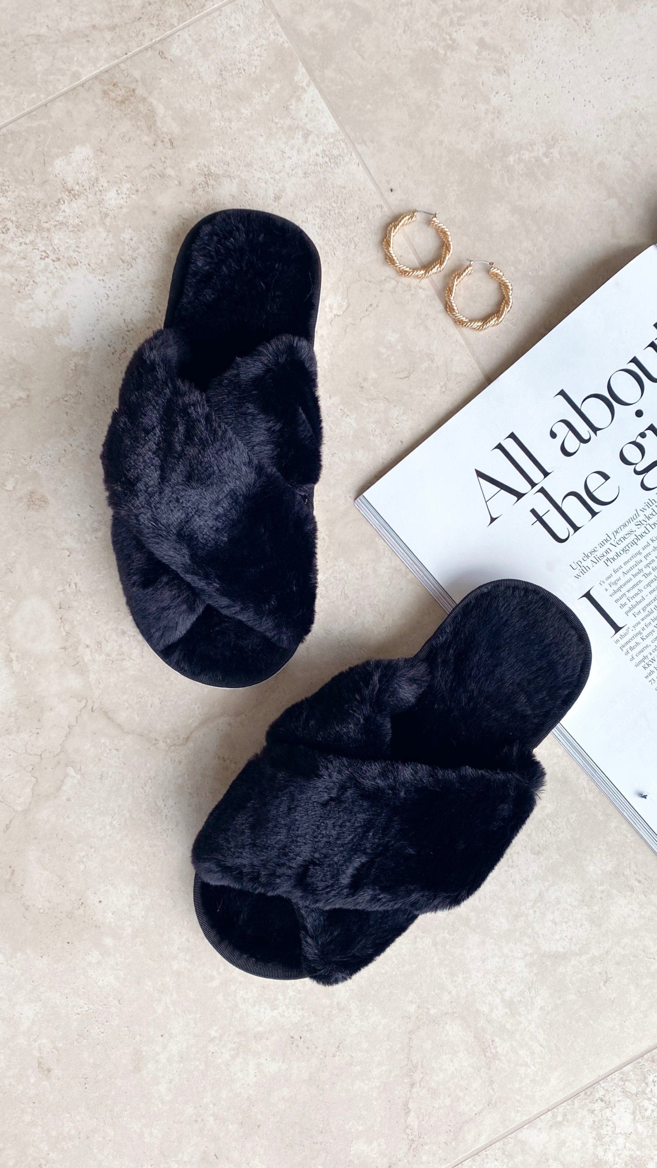 Jessica Fluffy Slippers - Black-Sunshines Bliss