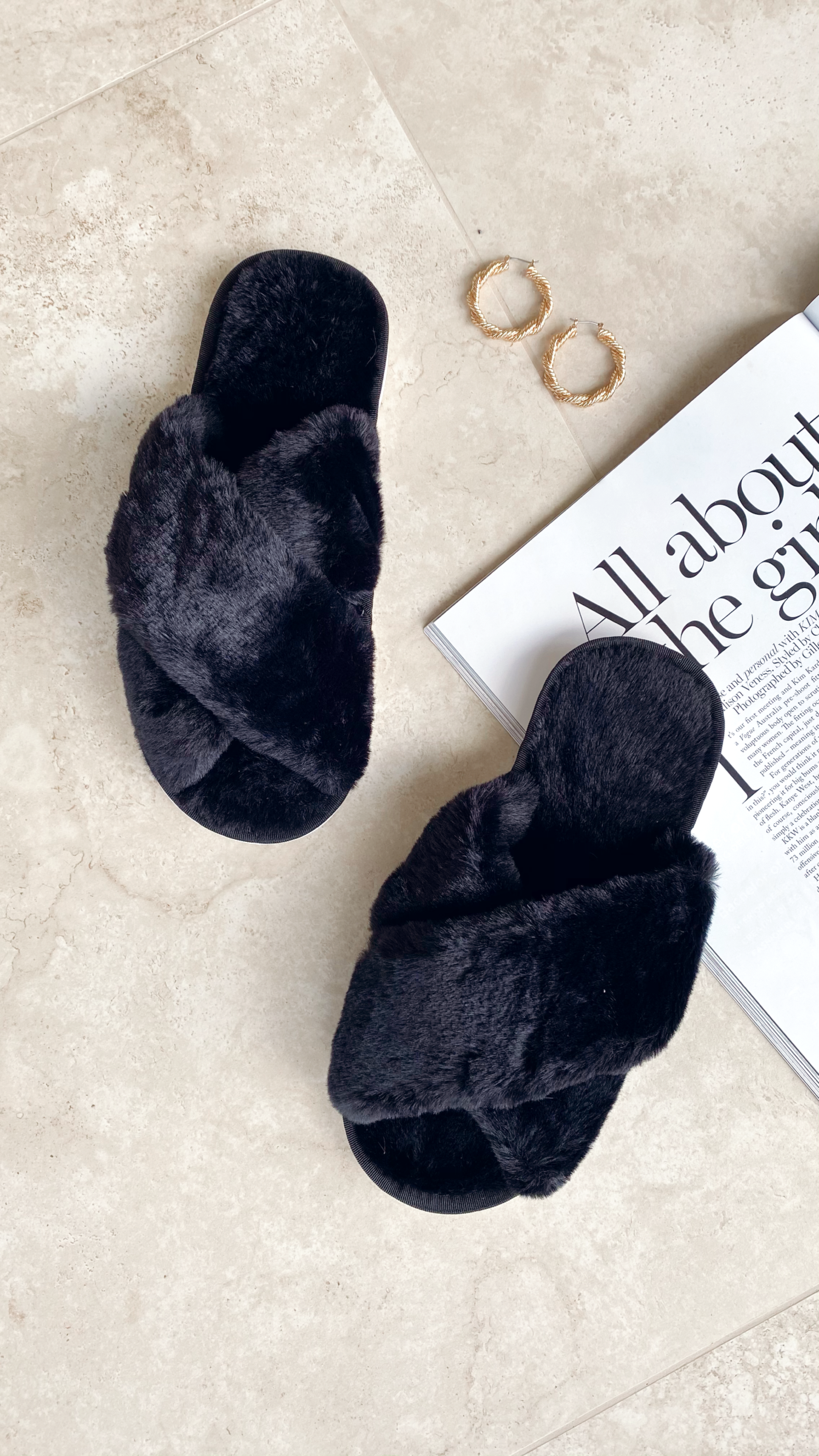 Jessica Fluffy Slippers - Black-Sunshines Bliss