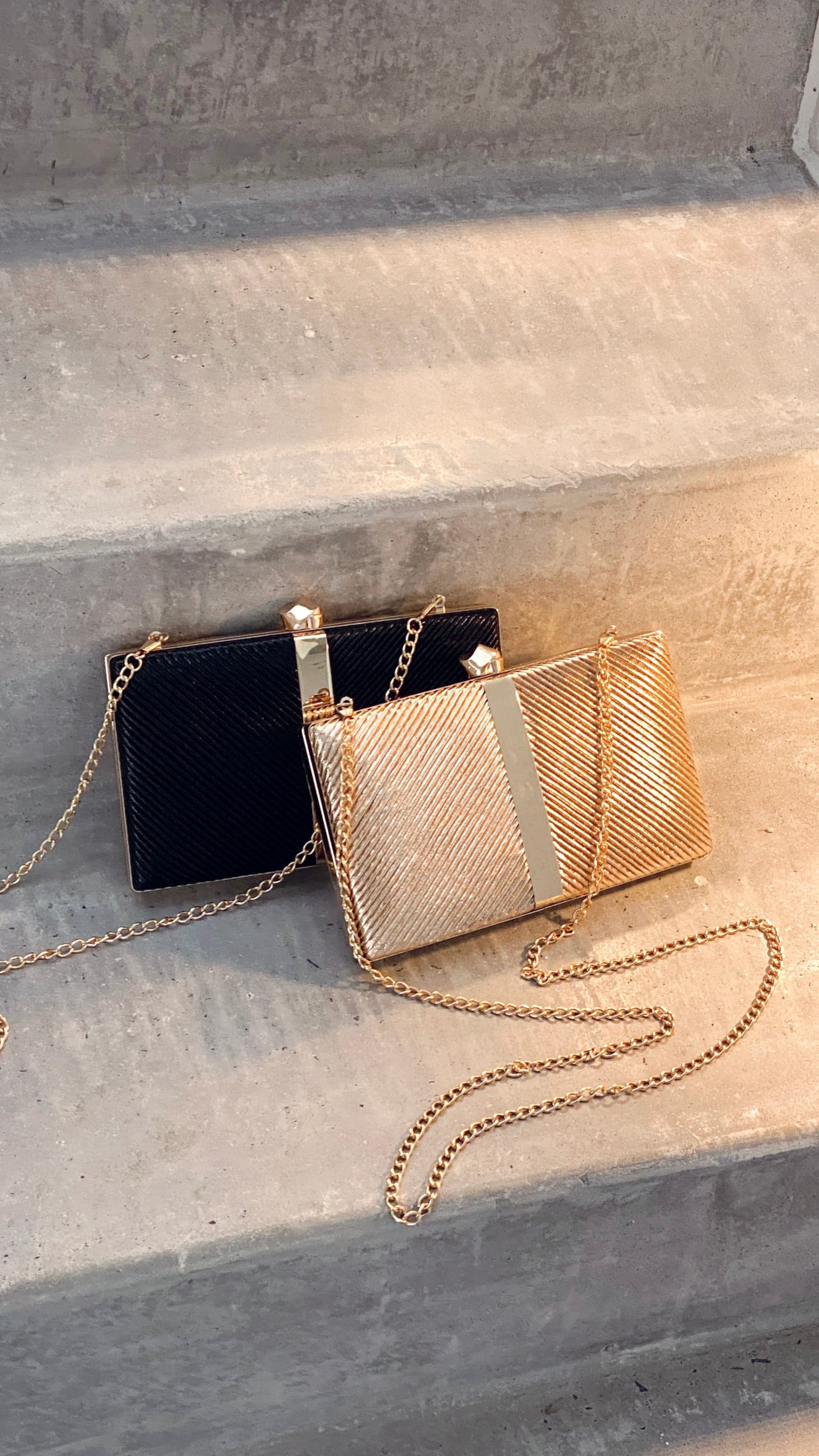 Kenna Metal Stripe Structured Clutch - Gold-Sunshines Bliss