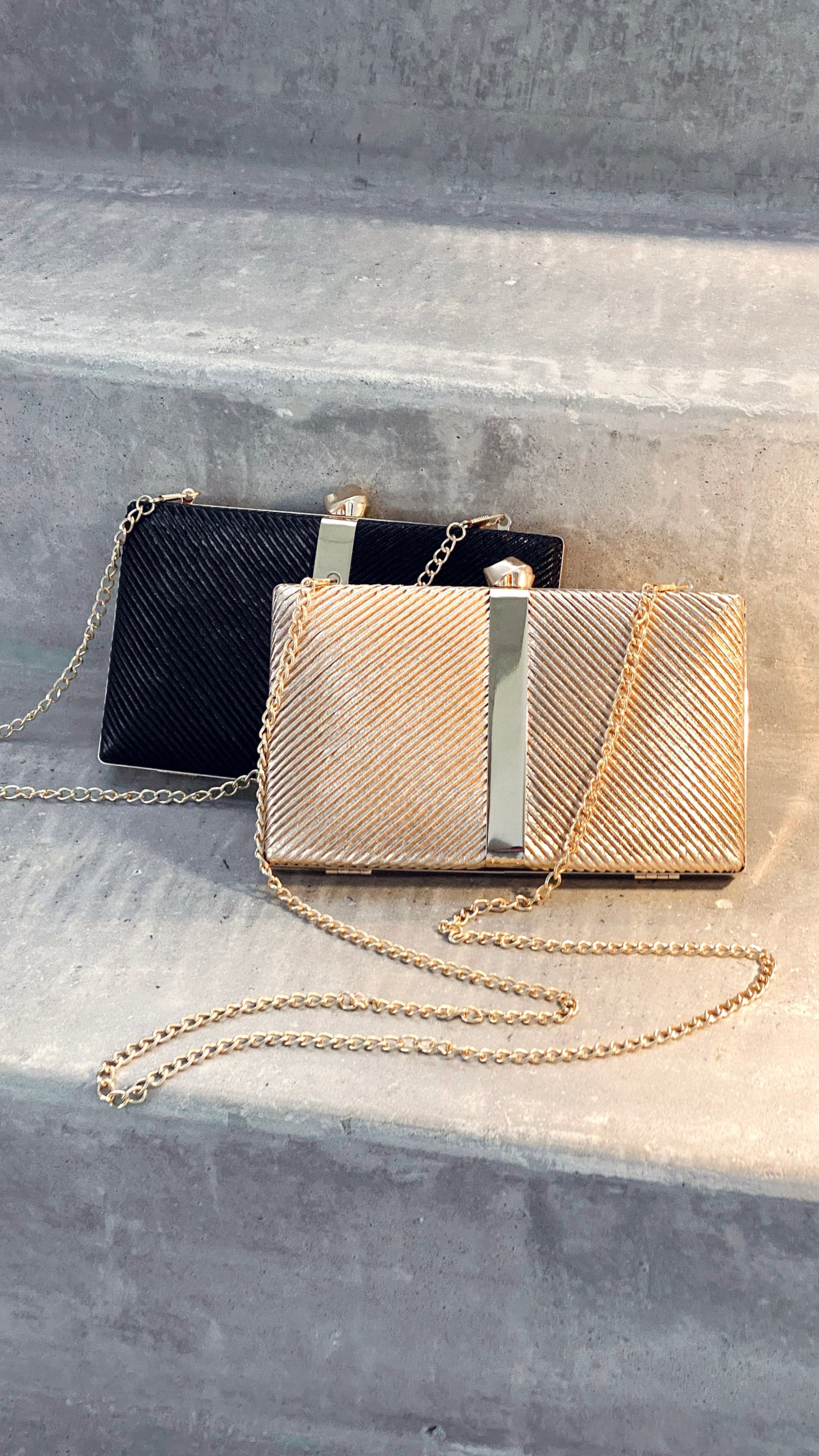 Kenna Metal Stripe Structured Clutch - Black/Gold-Sunshines Bliss