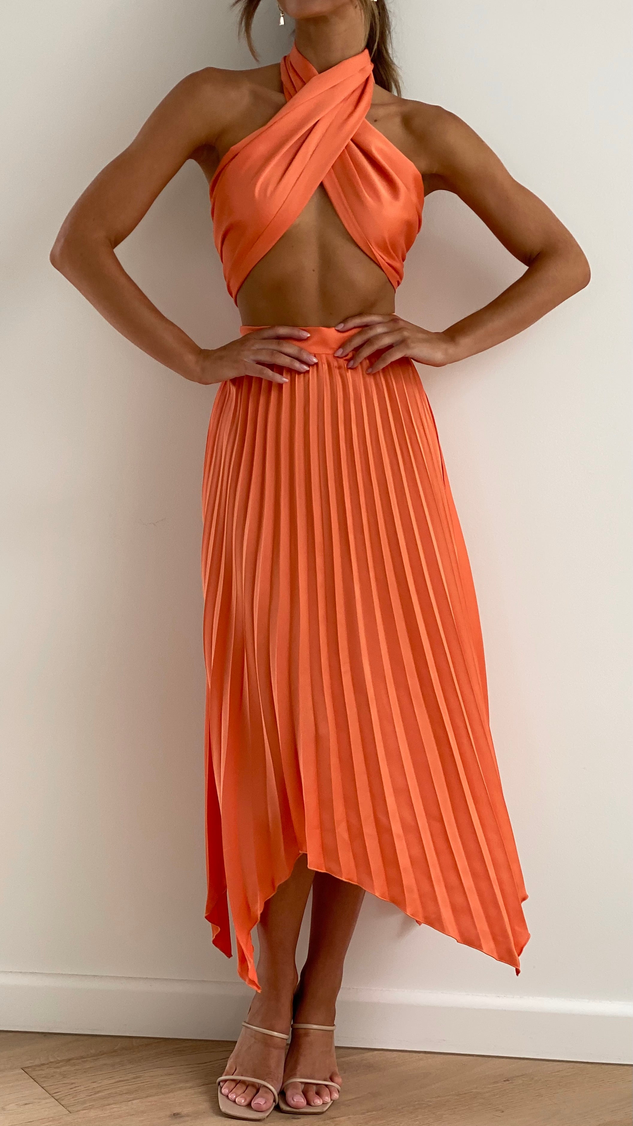 Tilley Pleated Top and Skirt Set - Orange-Sunshines Bliss
