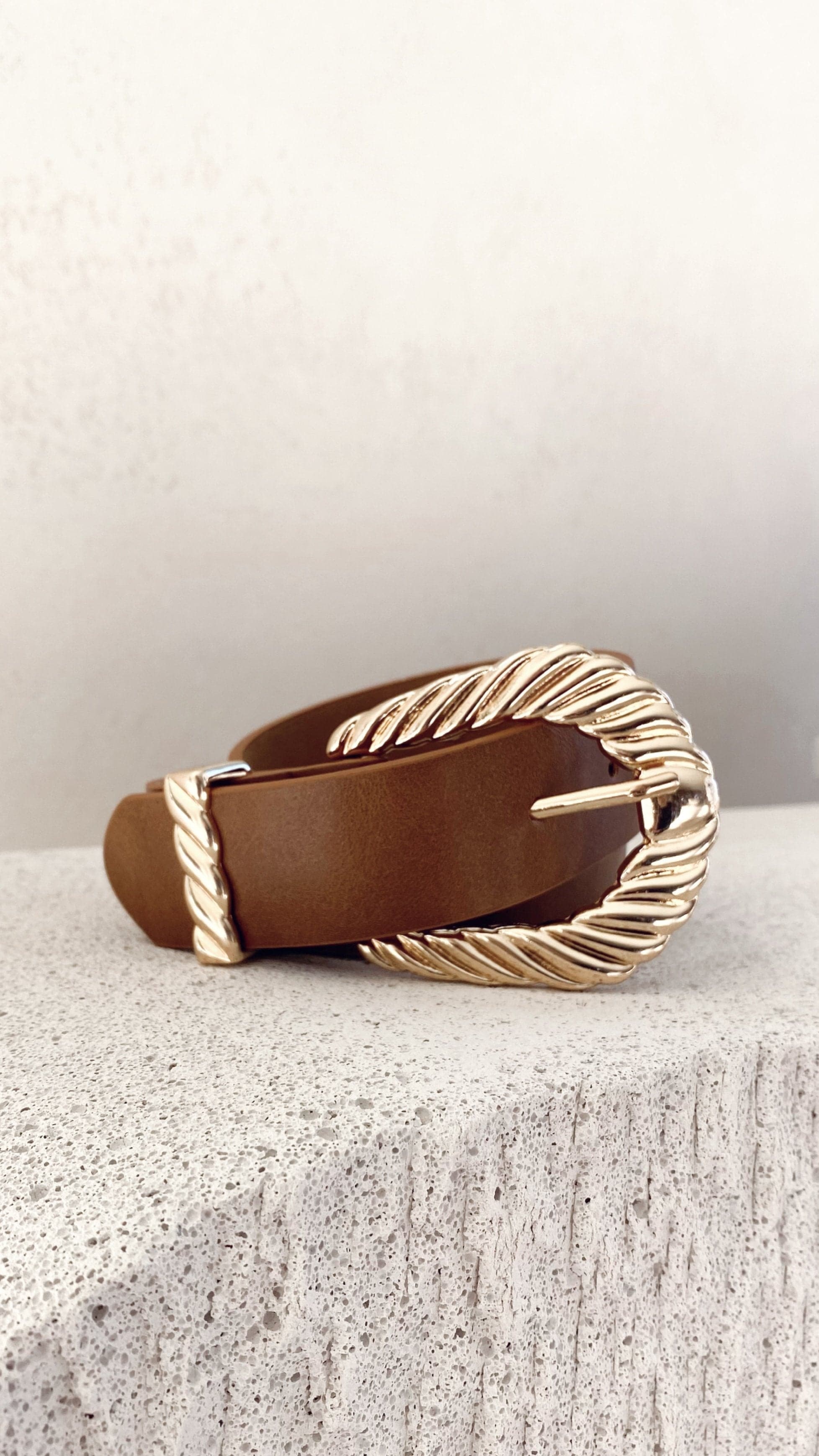 Amelie Twist Buckle Belt - Brown/Gold-Sunshines Bliss