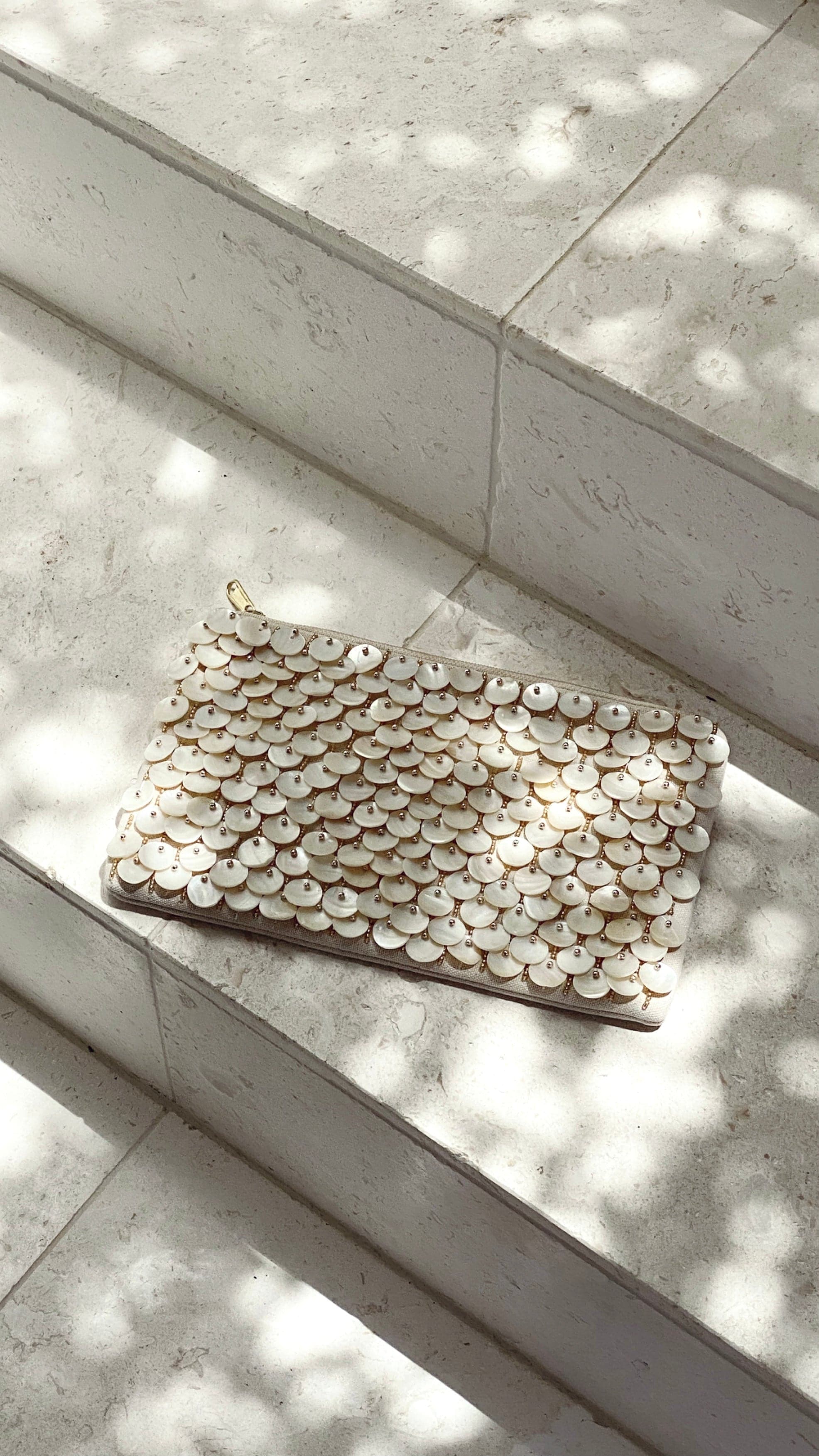 Mother Of Pearl Zip Clutch - Cream/Gold-Sunshines Bliss