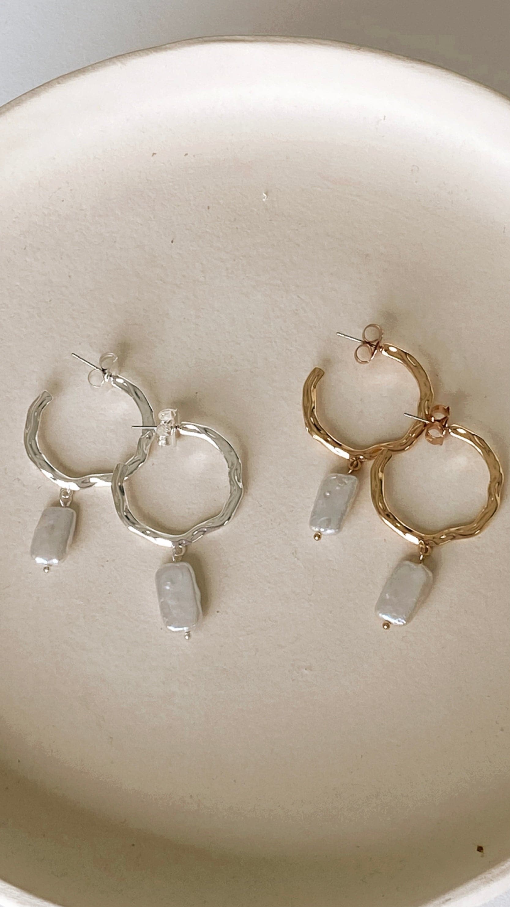 Beaten Metal Pearl Drop Hoops - Gold/Cream-Sunshines Bliss