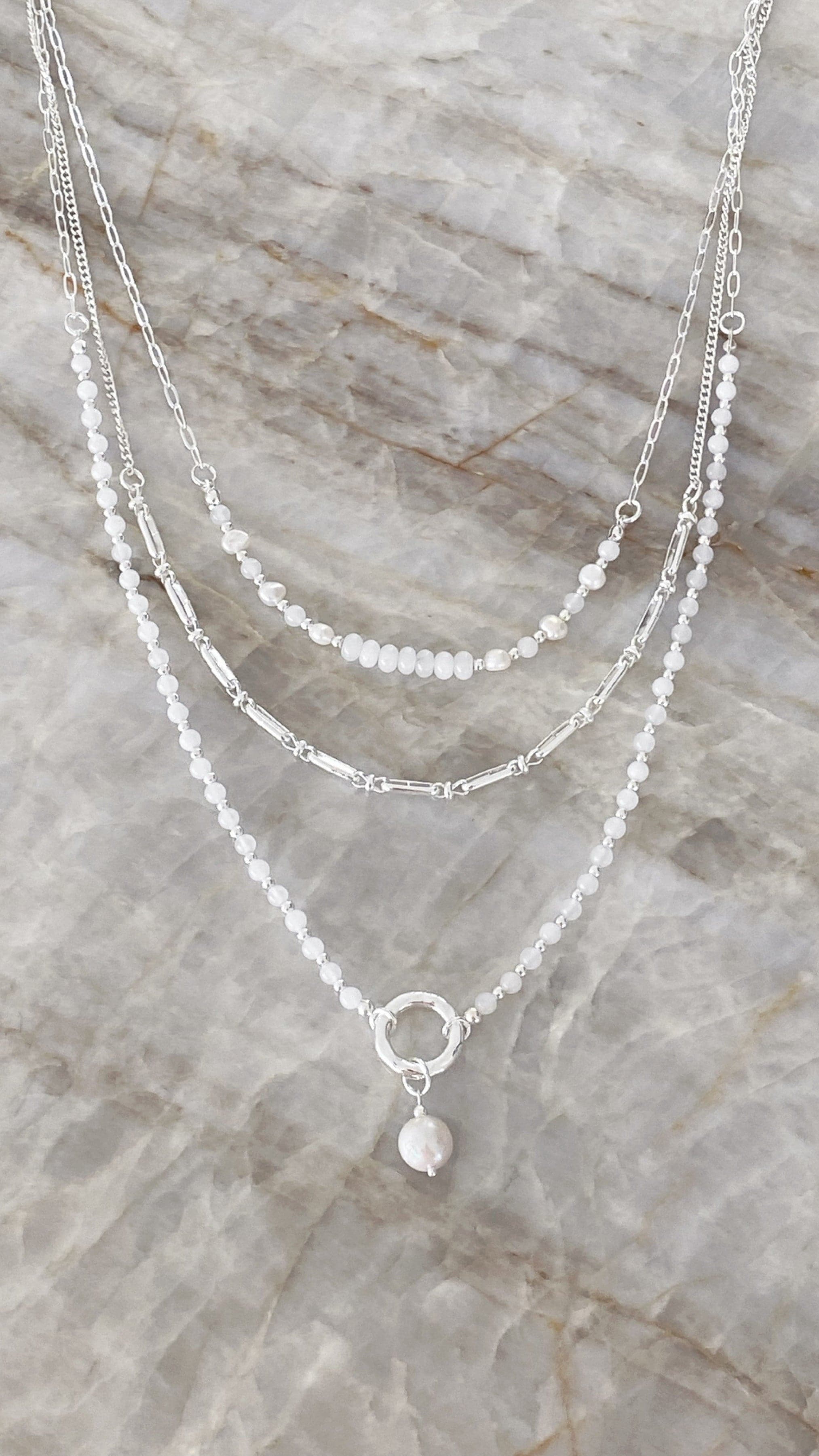 Layered Stone and Pearl Necklace - White/Silver-Sunshines Bliss