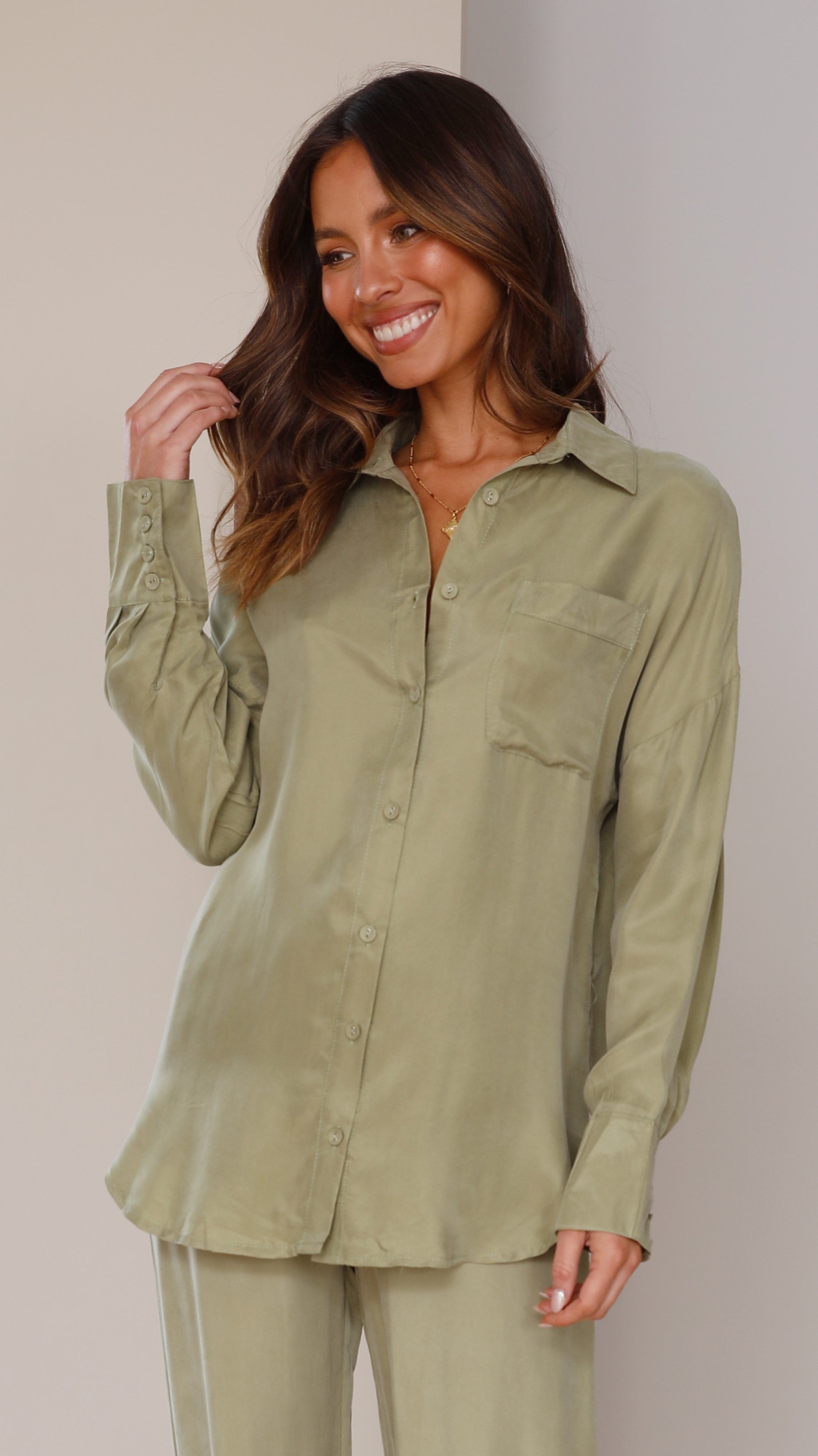 Graciela Button Up Shirt - Sage Cupro-Sunshines Bliss