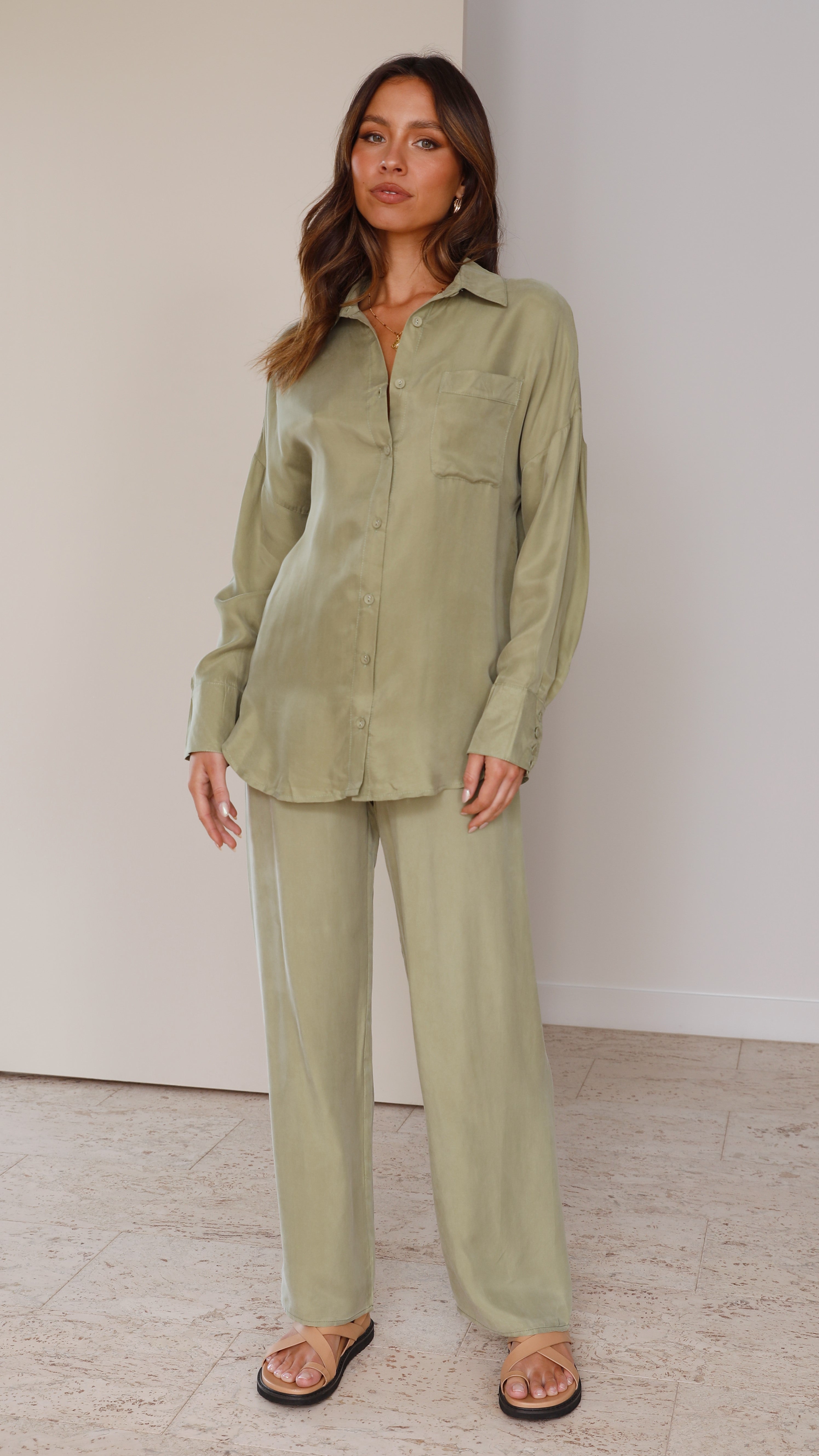 Graciela Button Up Shirt - Sage Cupro-Sunshines Bliss