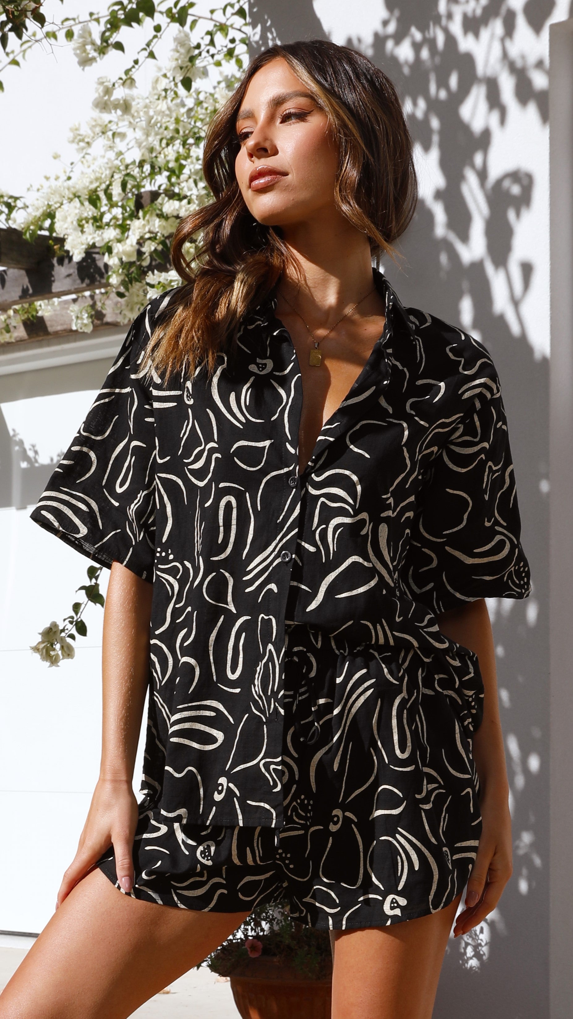 Charli Button Up Shirt and Shorts Set - Black/Beige Floral-Sunshines Bliss