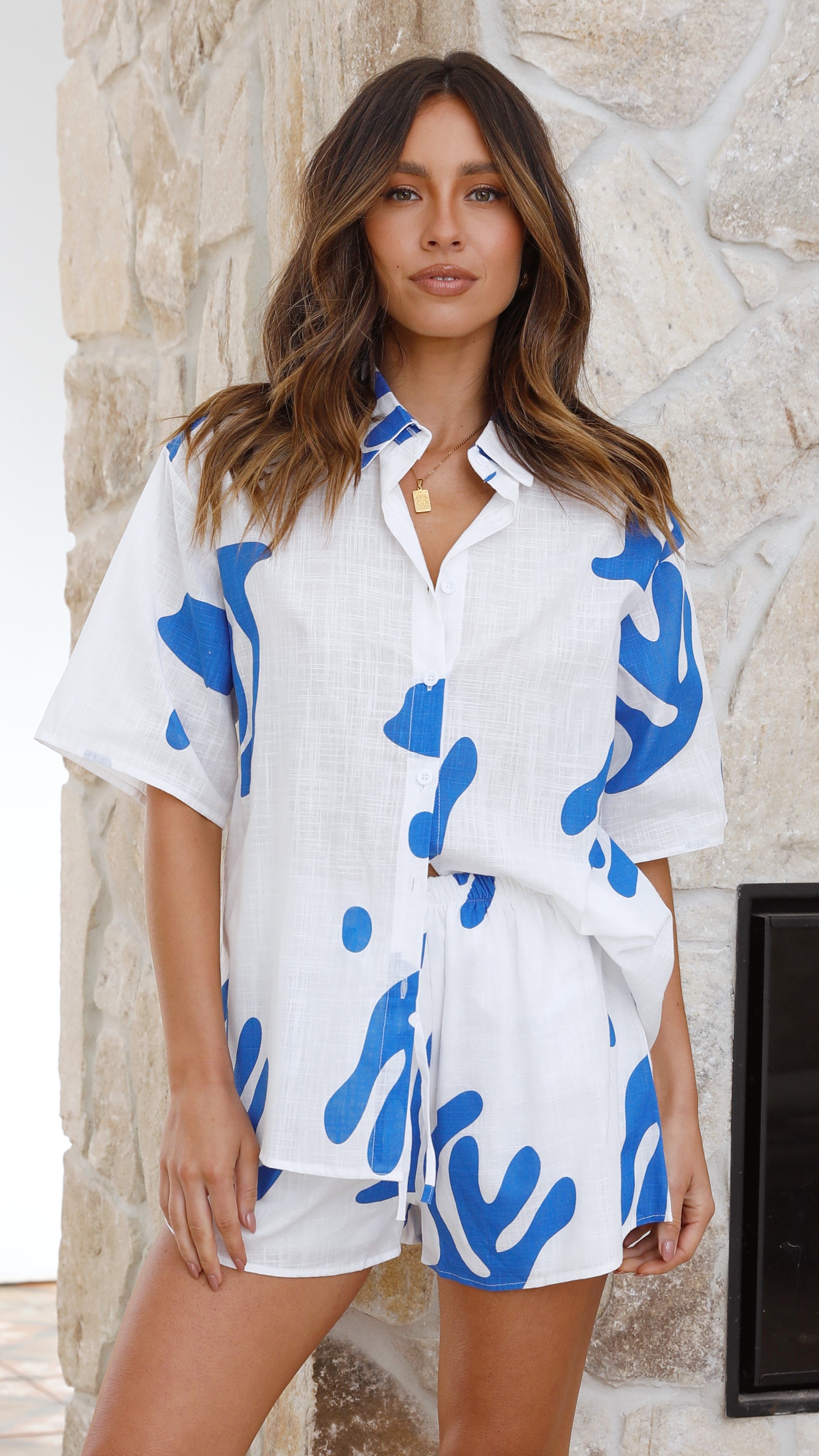 Hazel Button Up Shirt and Shorts Set - Blue-Sunshines Bliss