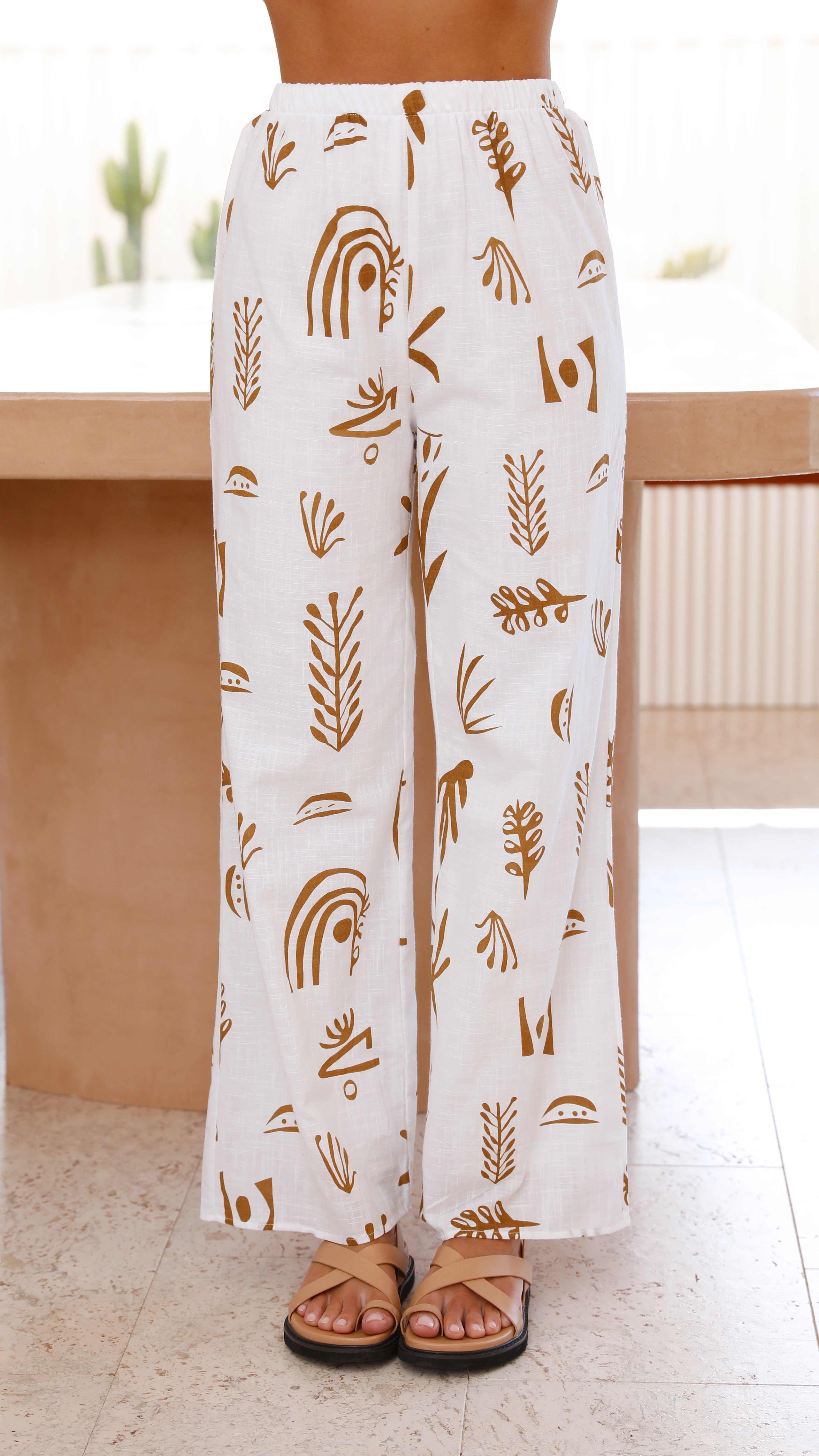 Cleo Button Up Shirt and Pants Set - White/Tan-Sunshines Bliss