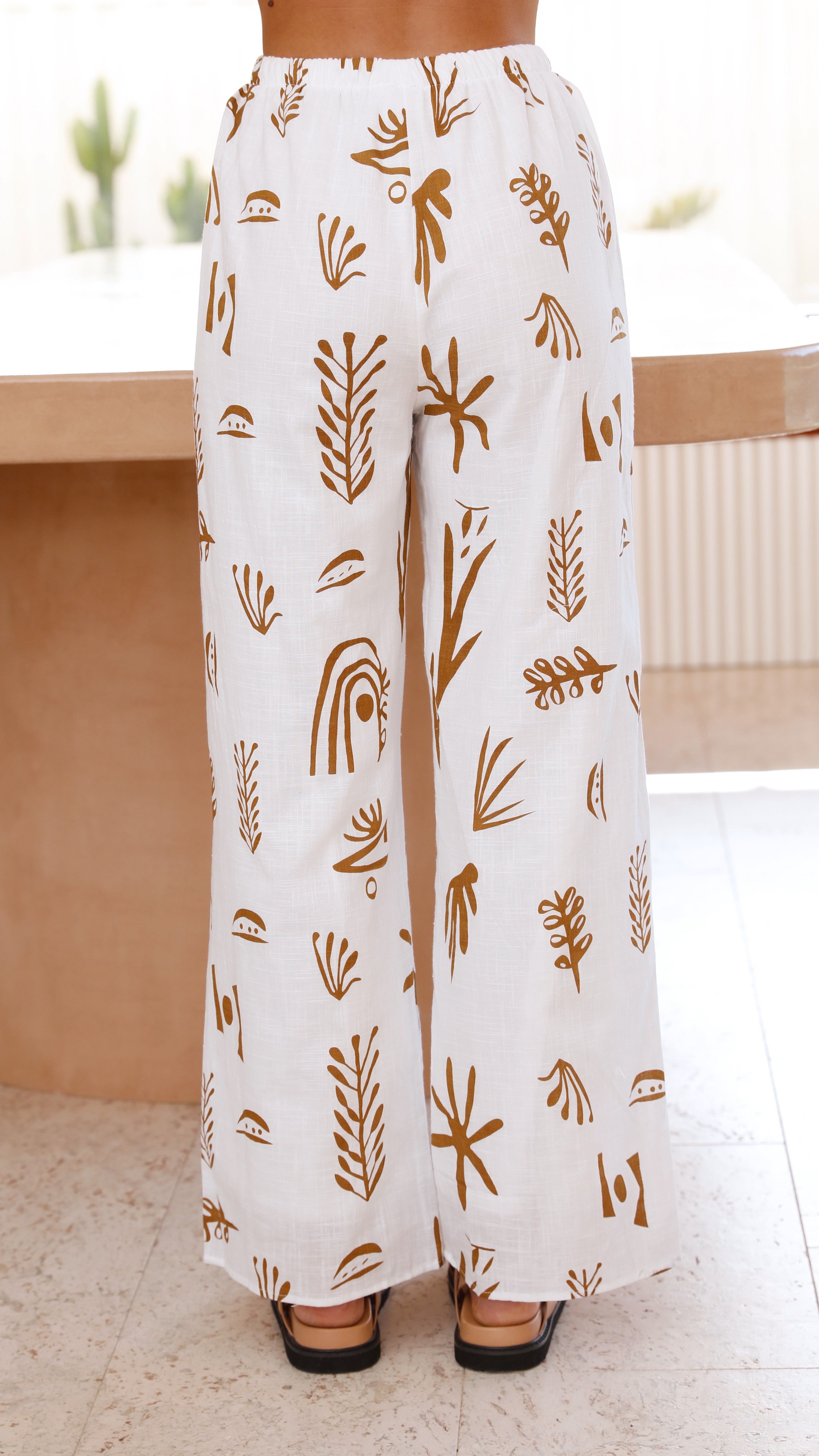 Cleo Button Up Shirt and Pants Set - White/Tan-Sunshines Bliss