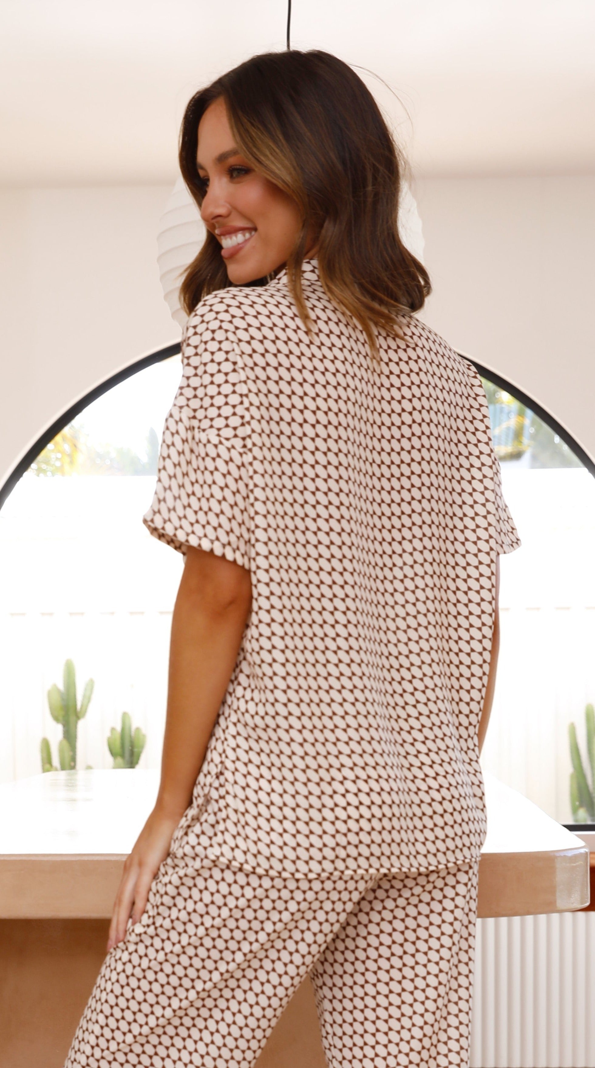 Oke Button Up Shirt - Beige/Brown-Sunshines Bliss