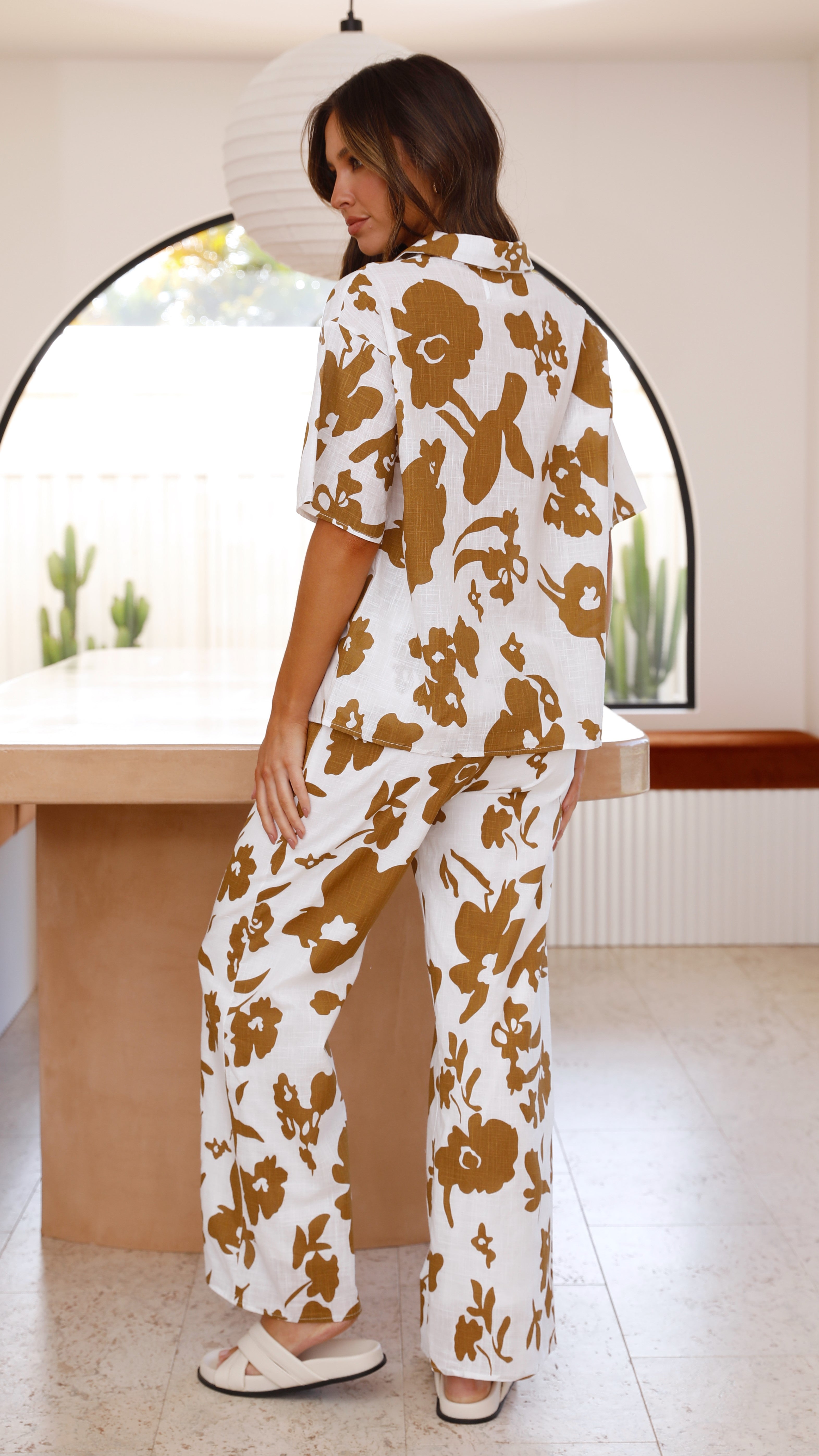 Cleo Button Up Shirt and Pants Set - White/Mustard-Sunshines Bliss