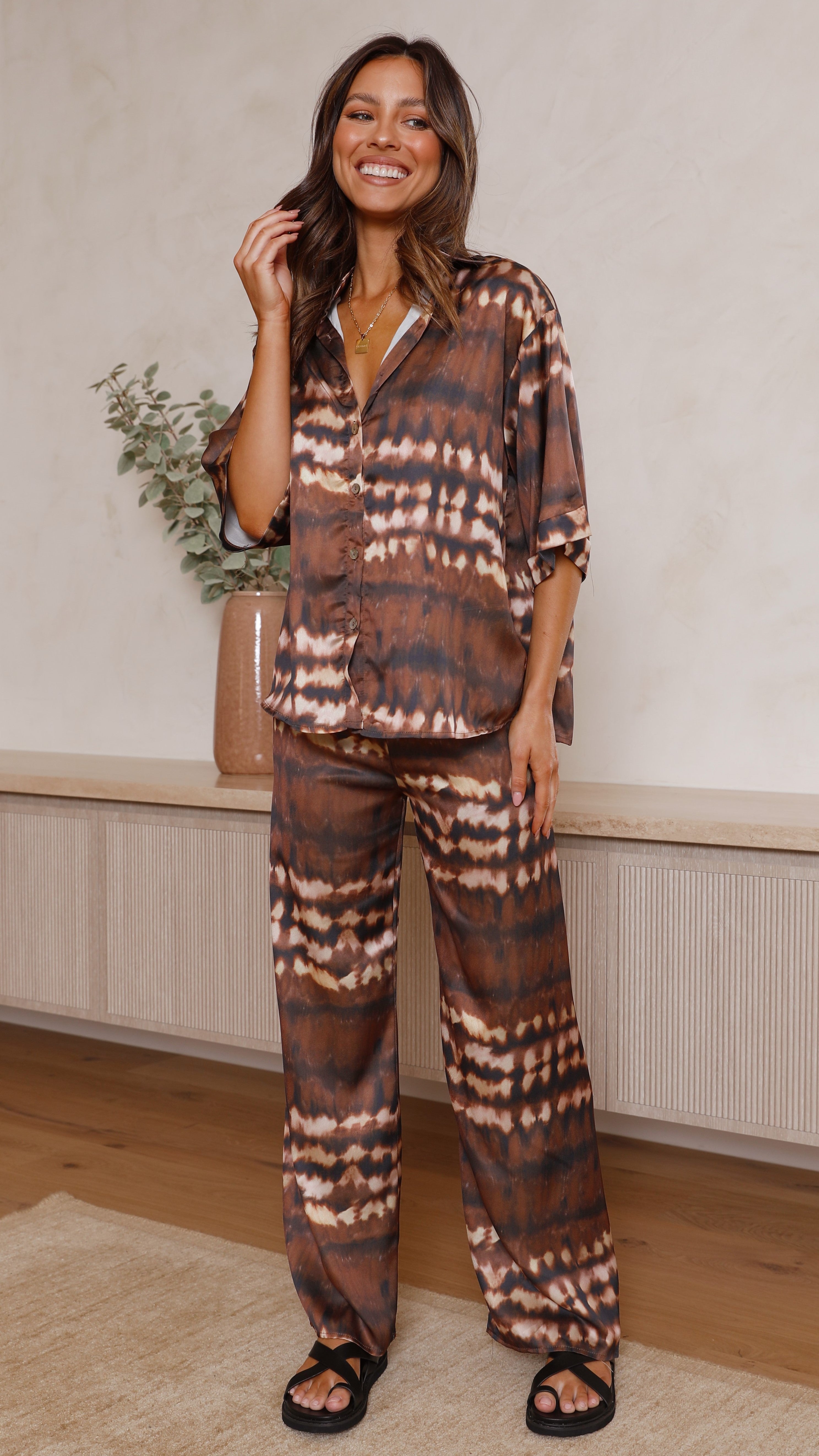 Gaiya Button Up Shirt an Pants Set - Brown Tie Dye-Sunshines Bliss