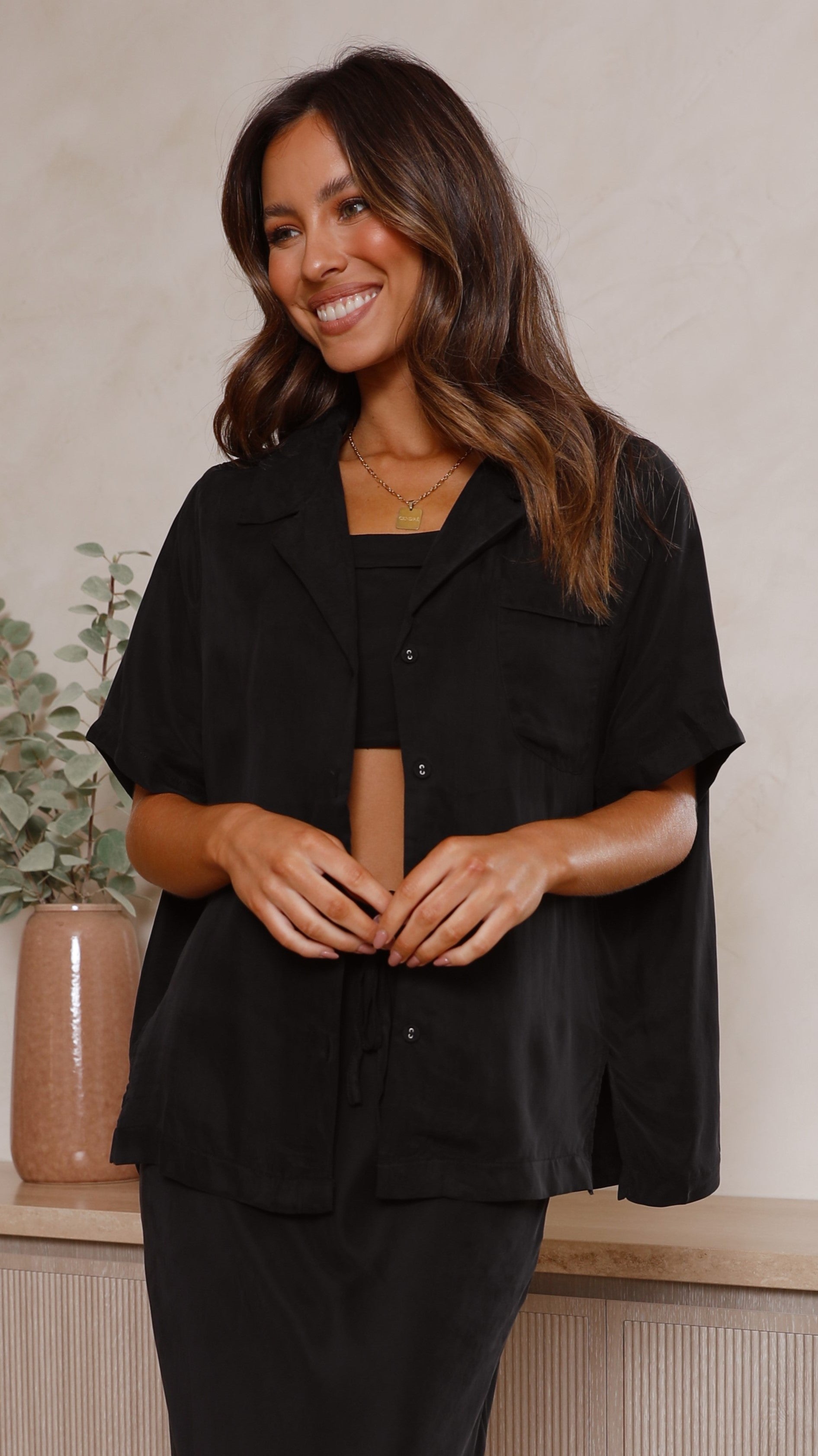 Whitney Button Up Shirt - Black Cupro-Sunshines Bliss