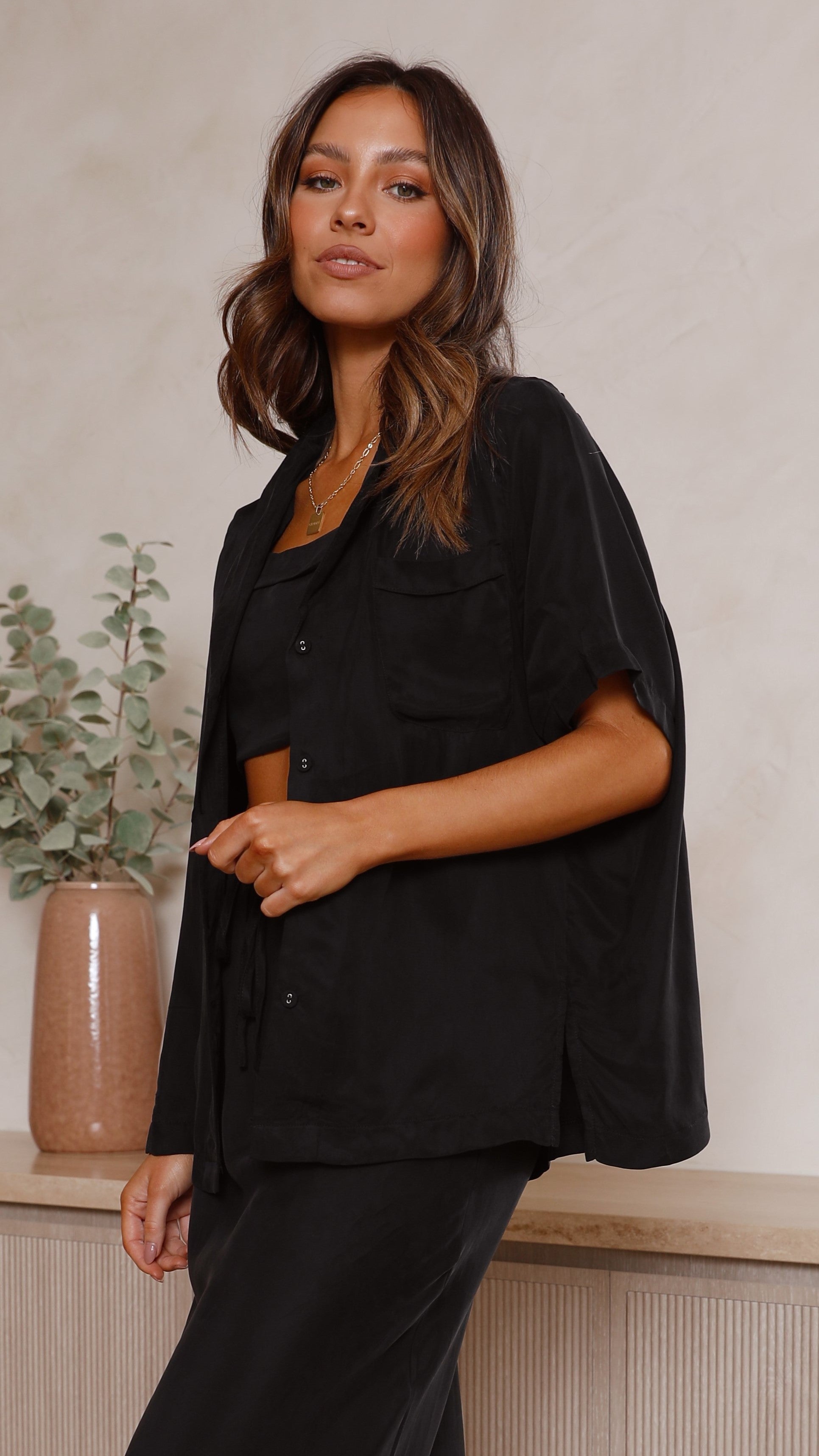Whitney Button Up Shirt - Black Cupro-Sunshines Bliss