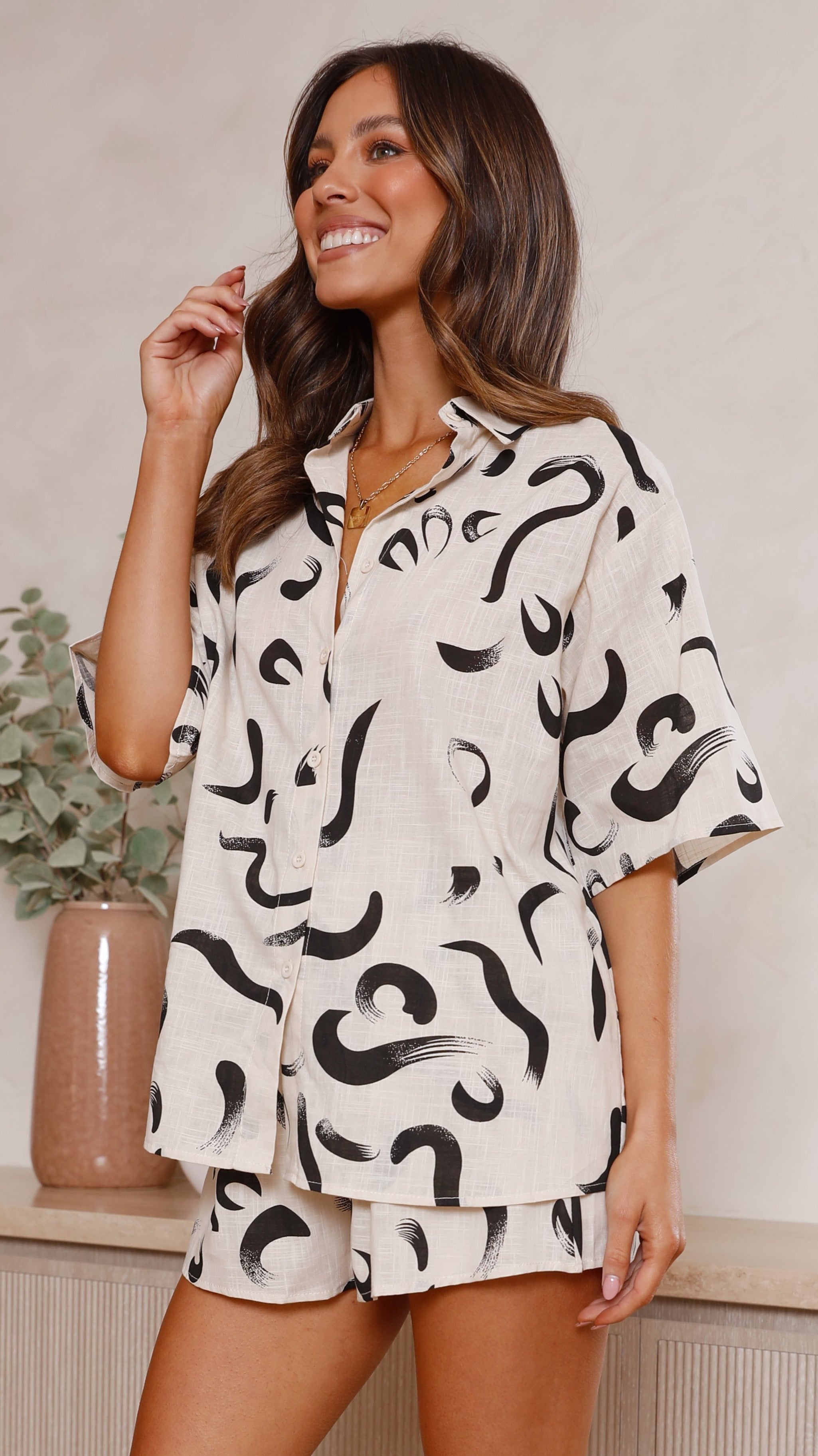 Charli Button Up Shirt and Shorts Set - Beige/Black-Sunshines Bliss