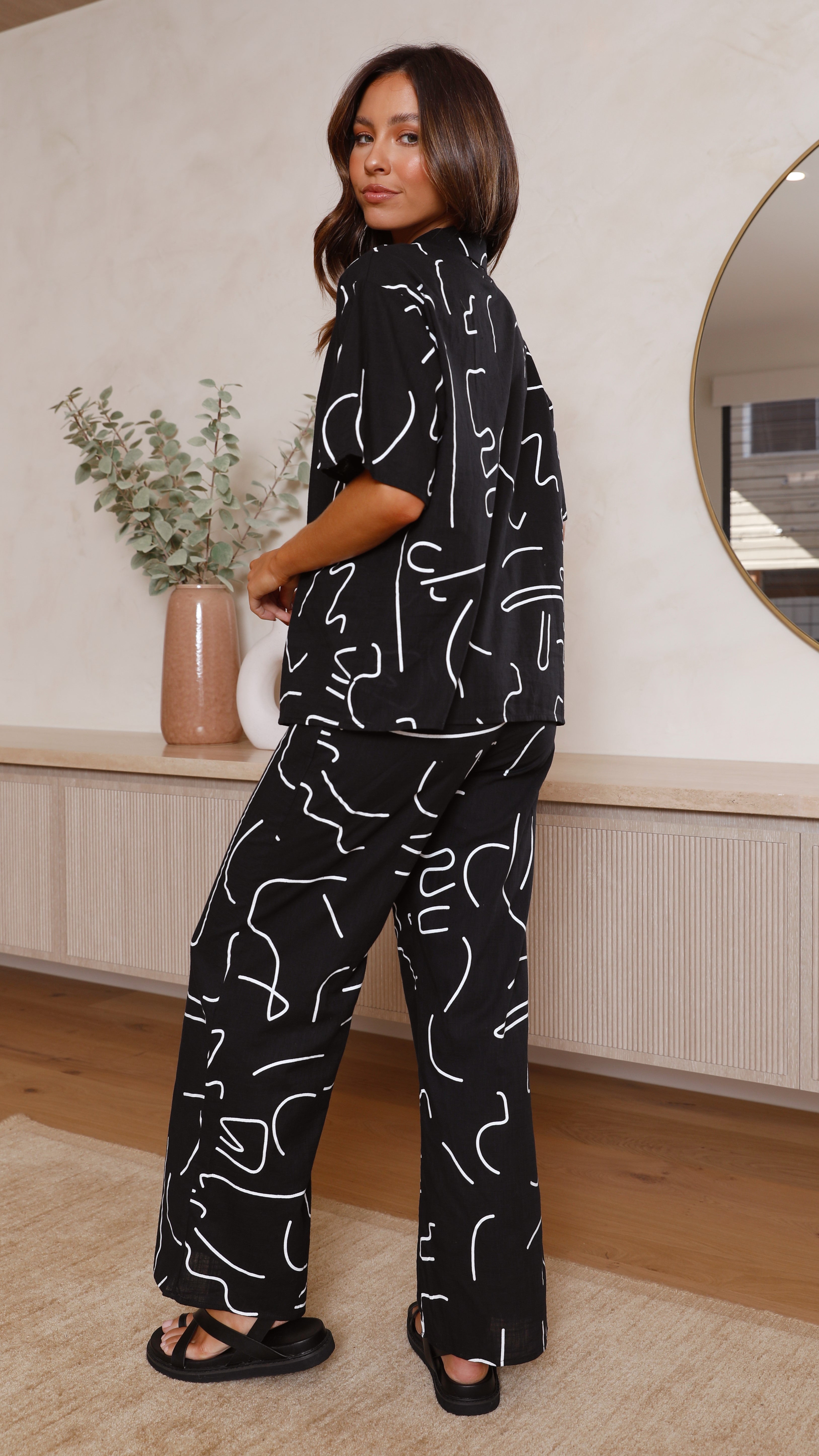 Cleo Button Up Shirt and Pants Set - Black-Sunshines Bliss