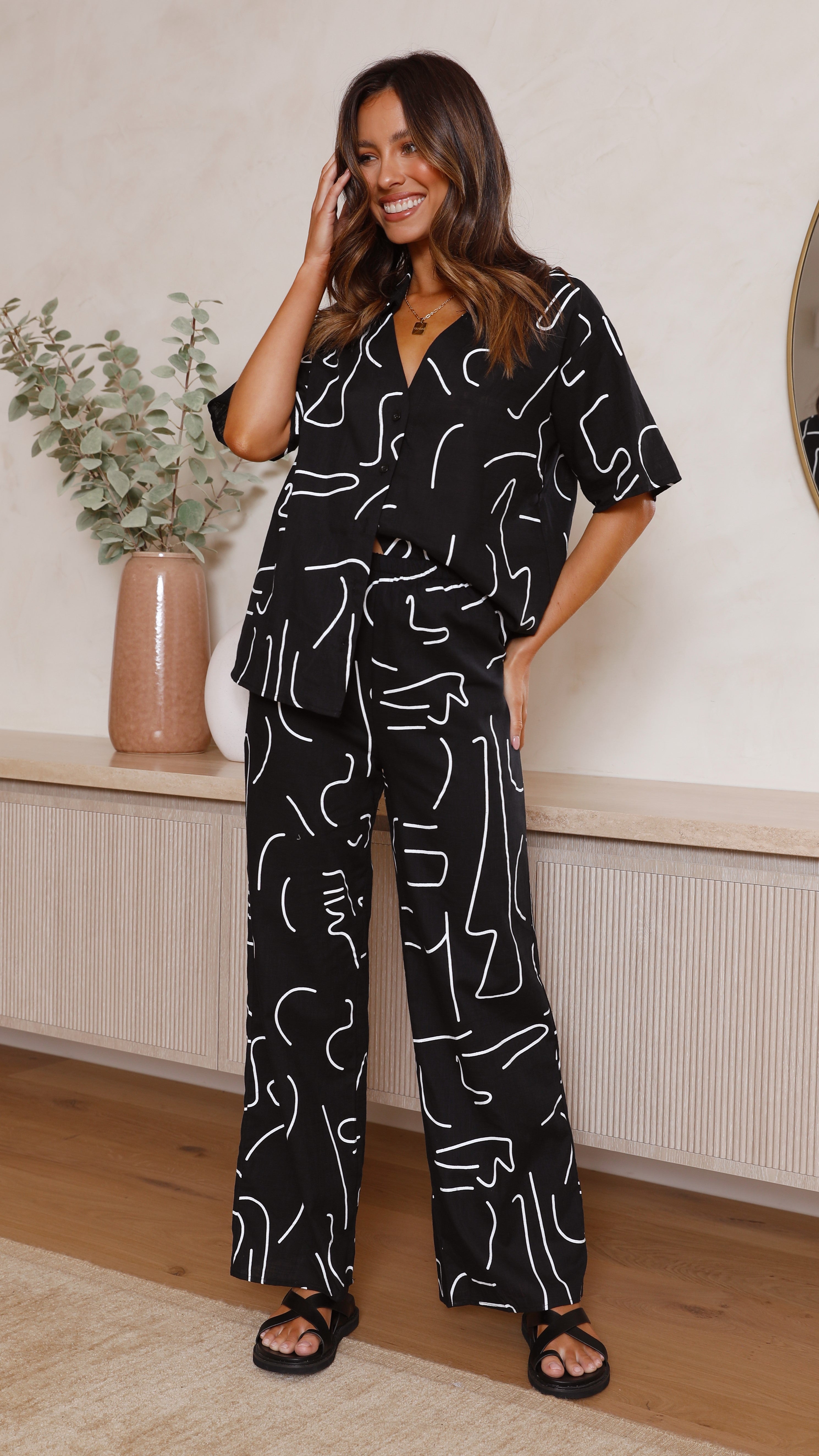 Cleo Button Up Shirt and Pants Set - Black-Sunshines Bliss
