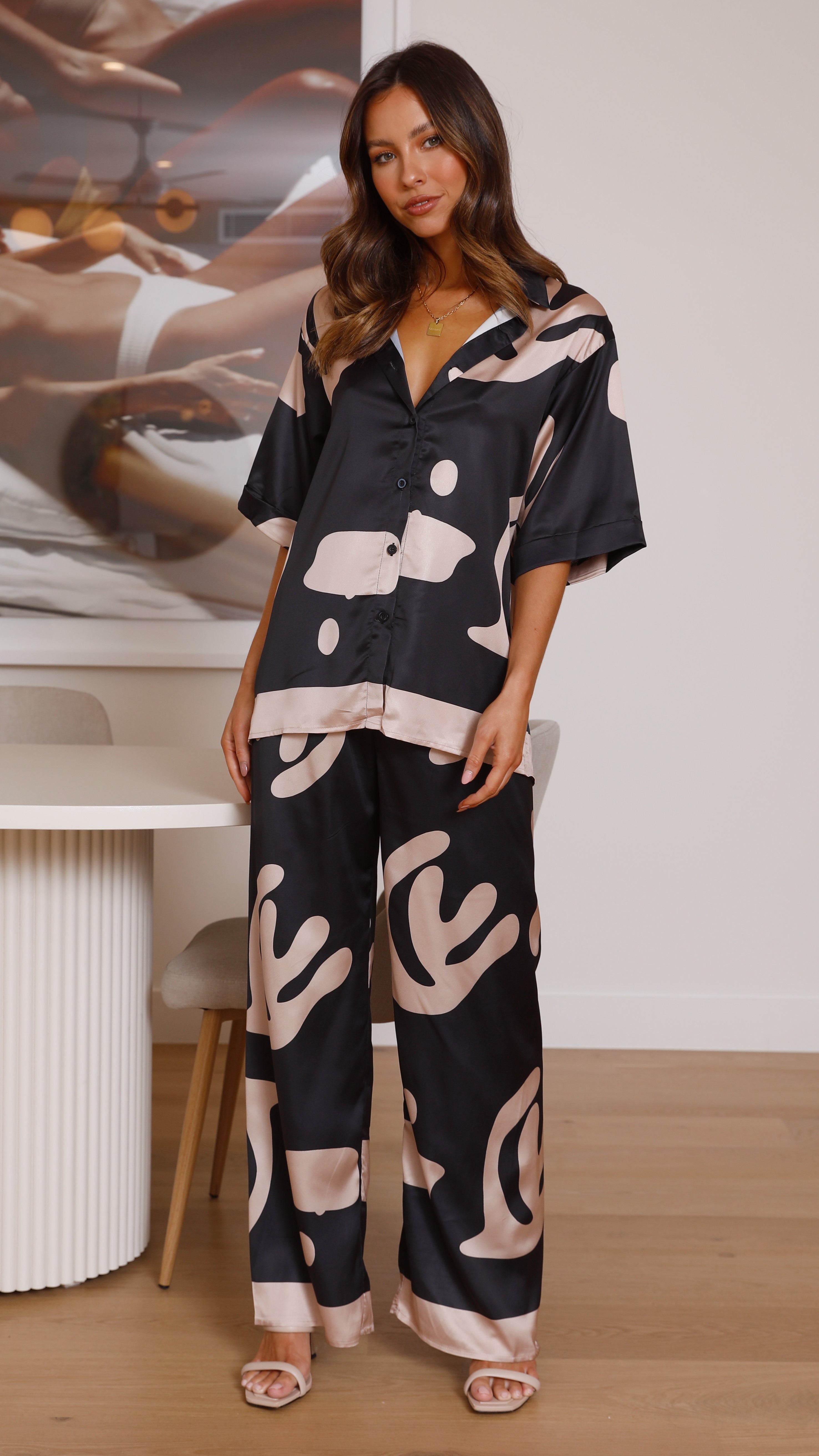 Bailie Shirt and Pants Set - Black/Beige Coral-Sunshines Bliss