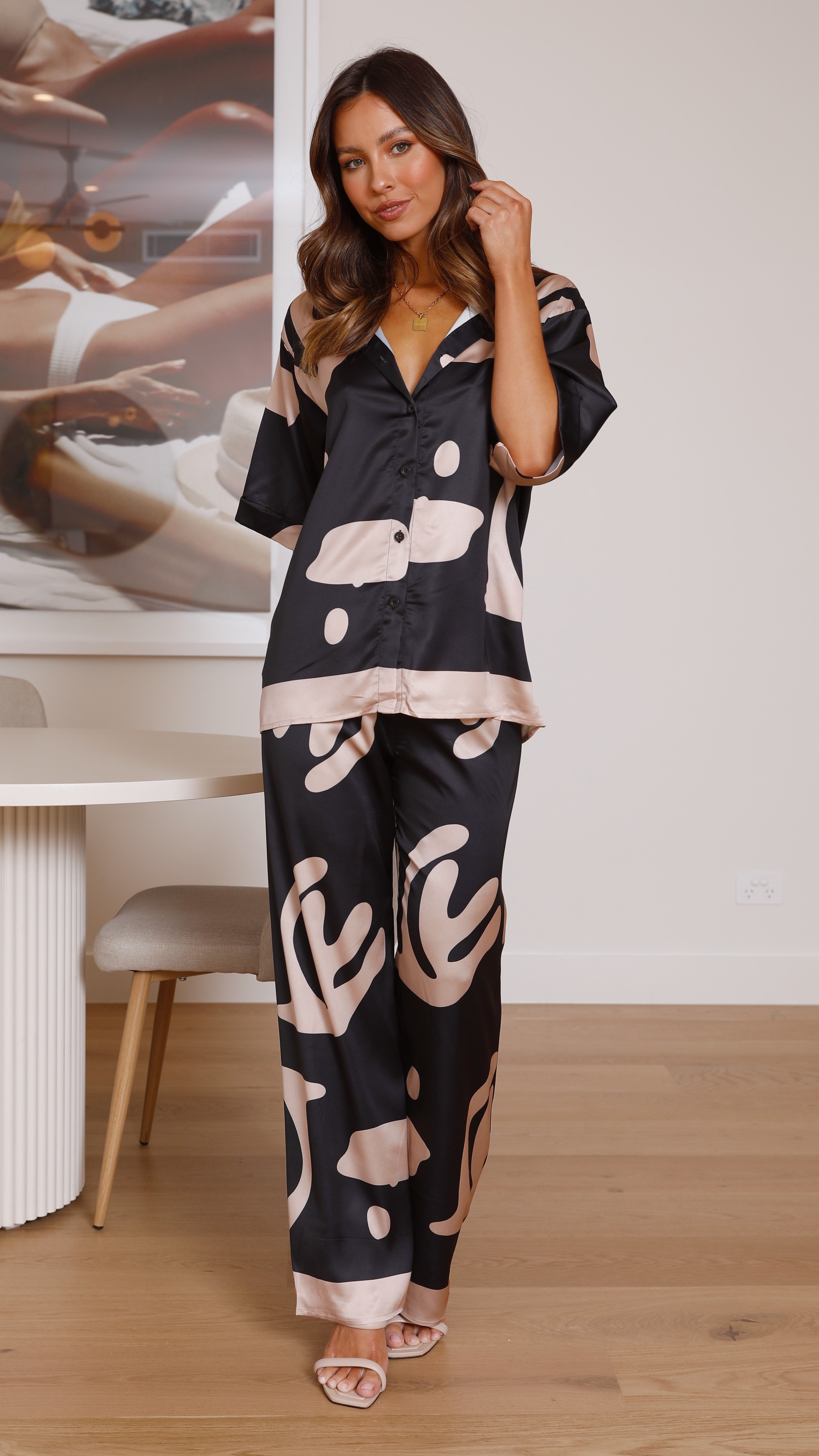 Bailie Shirt and Pants Set - Black/Beige Coral-Sunshines Bliss