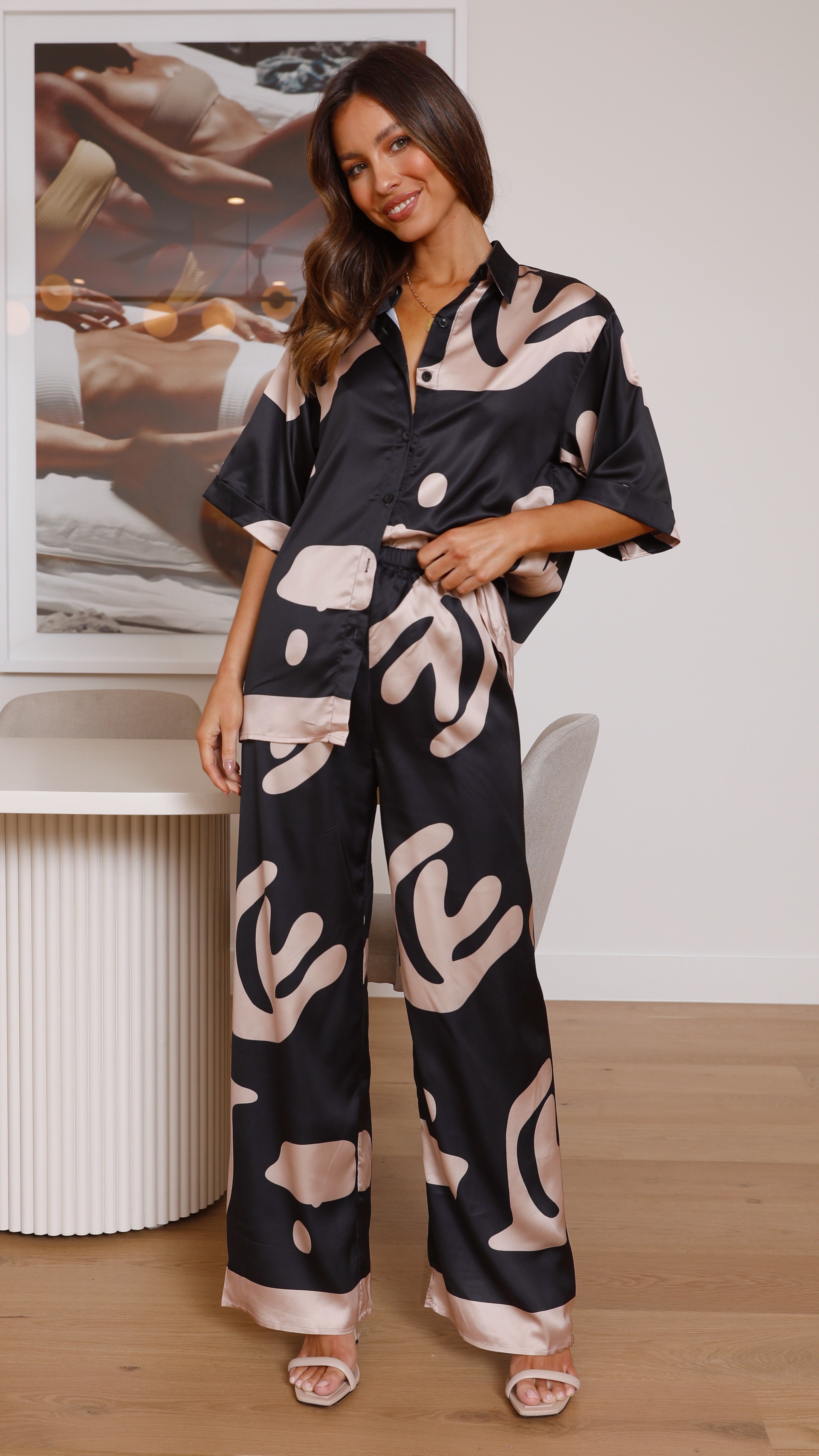 Bailie Shirt and Pants Set - Black/Beige Coral-Sunshines Bliss