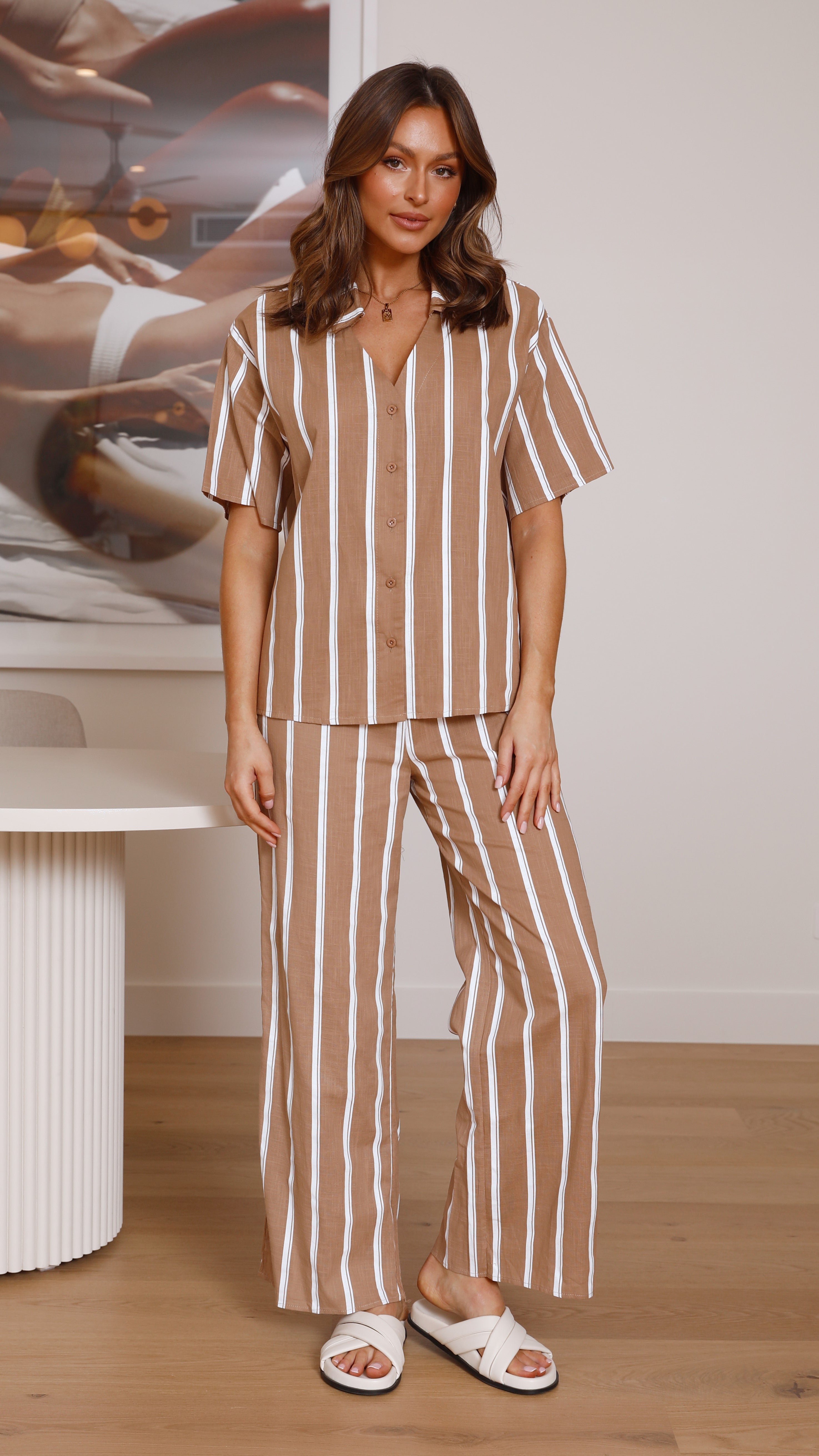 Cleo Button Up Shirt and Pants Set - Brown/White Stripe-Sunshines Bliss