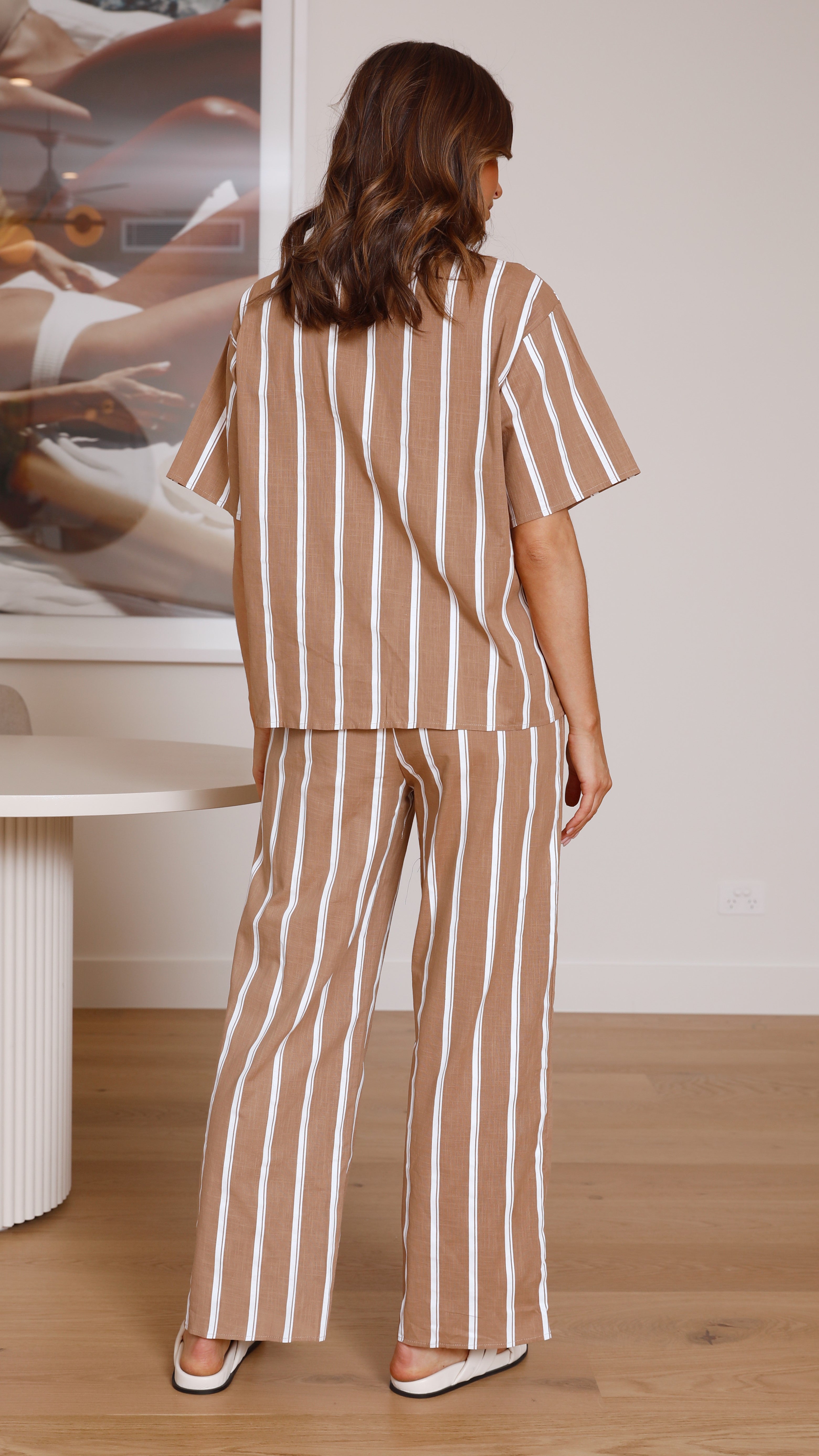 Cleo Button Up Shirt and Pants Set - Brown/White Stripe-Sunshines Bliss