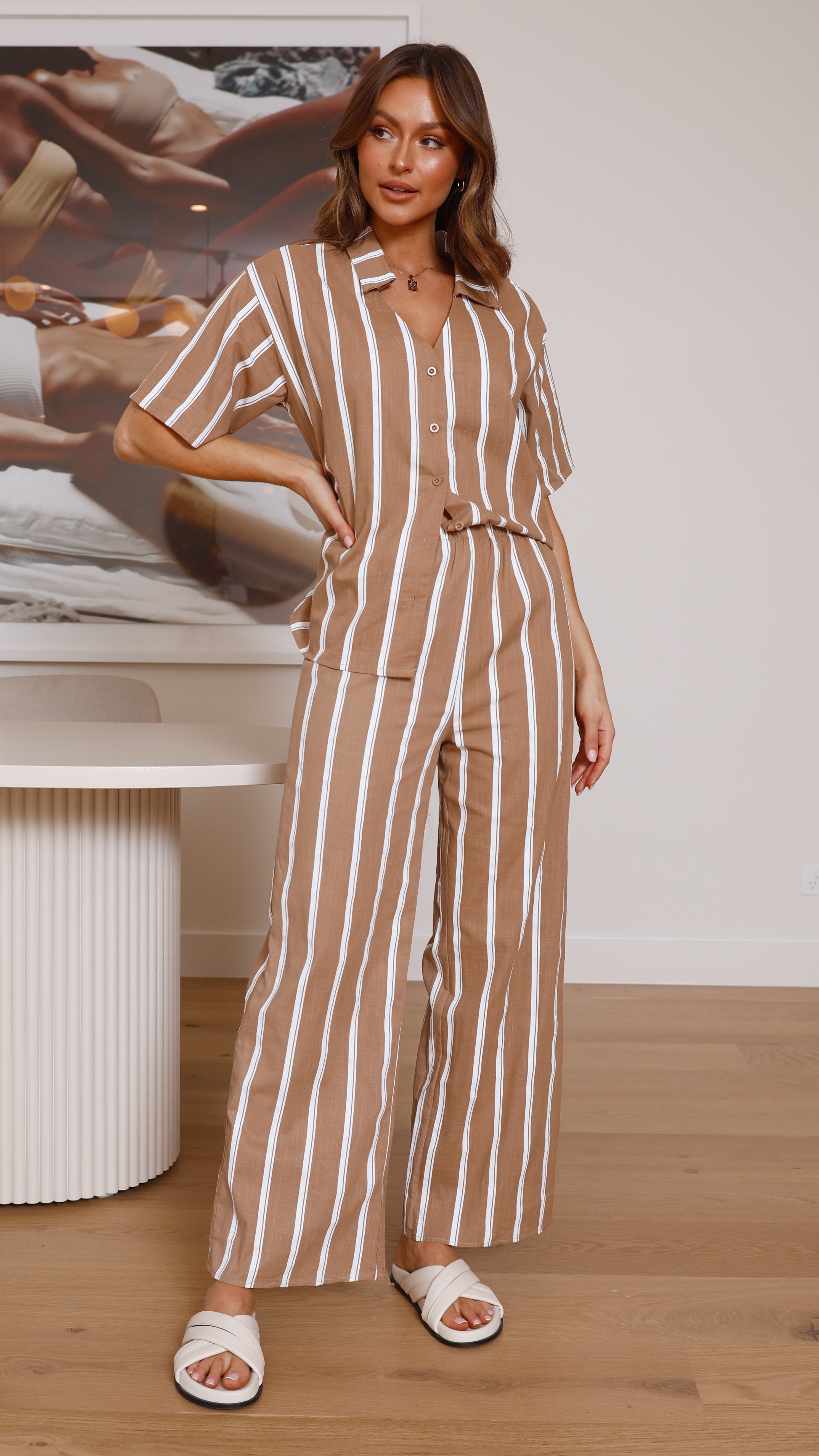 Cleo Button Up Shirt and Pants Set - Brown/White Stripe-Sunshines Bliss