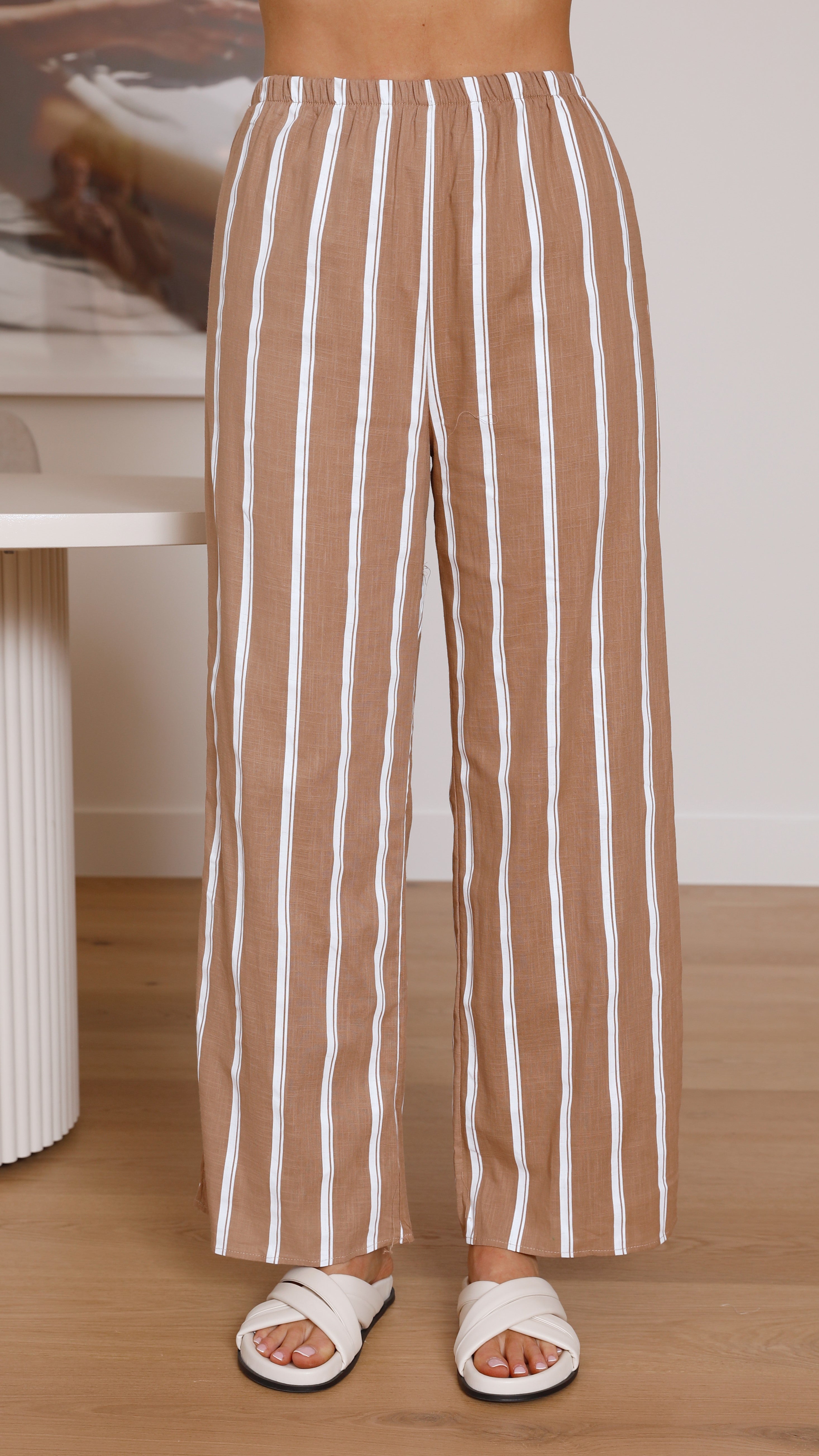 Cleo Button Up Shirt and Pants Set - Brown/White Stripe-Sunshines Bliss