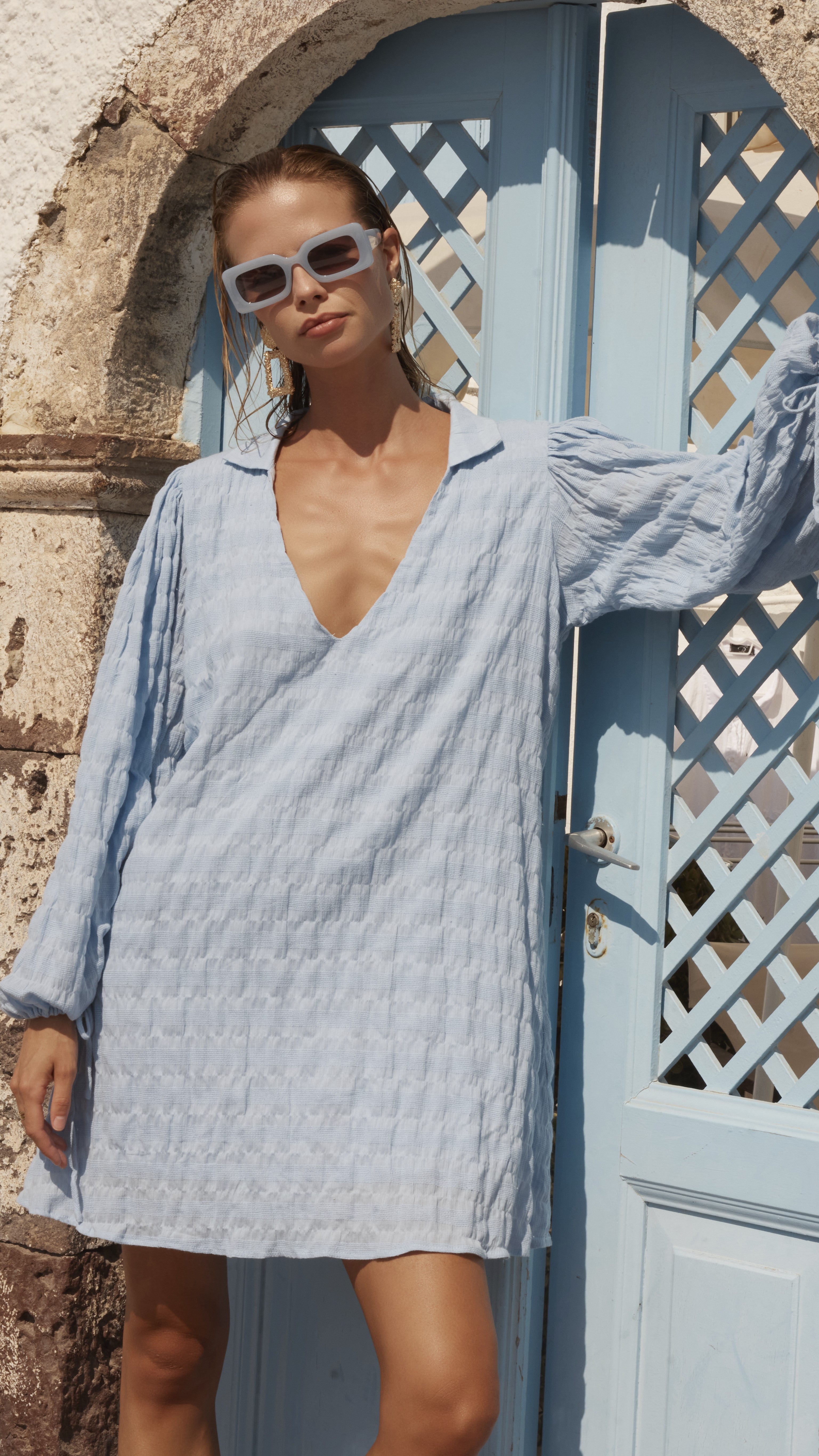 Fiora Mini Dress - Sky Blue Stripe-Sunshines Bliss