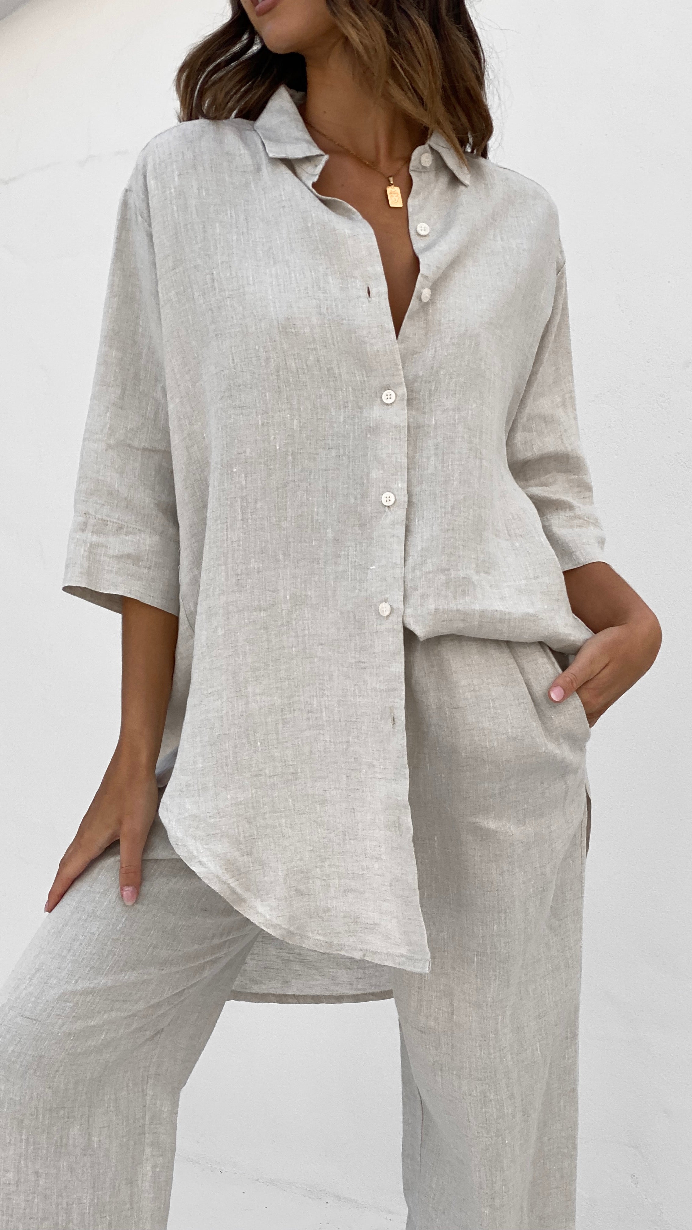 Lounge Linen Longline Shirt - Natural-Sunshines Bliss