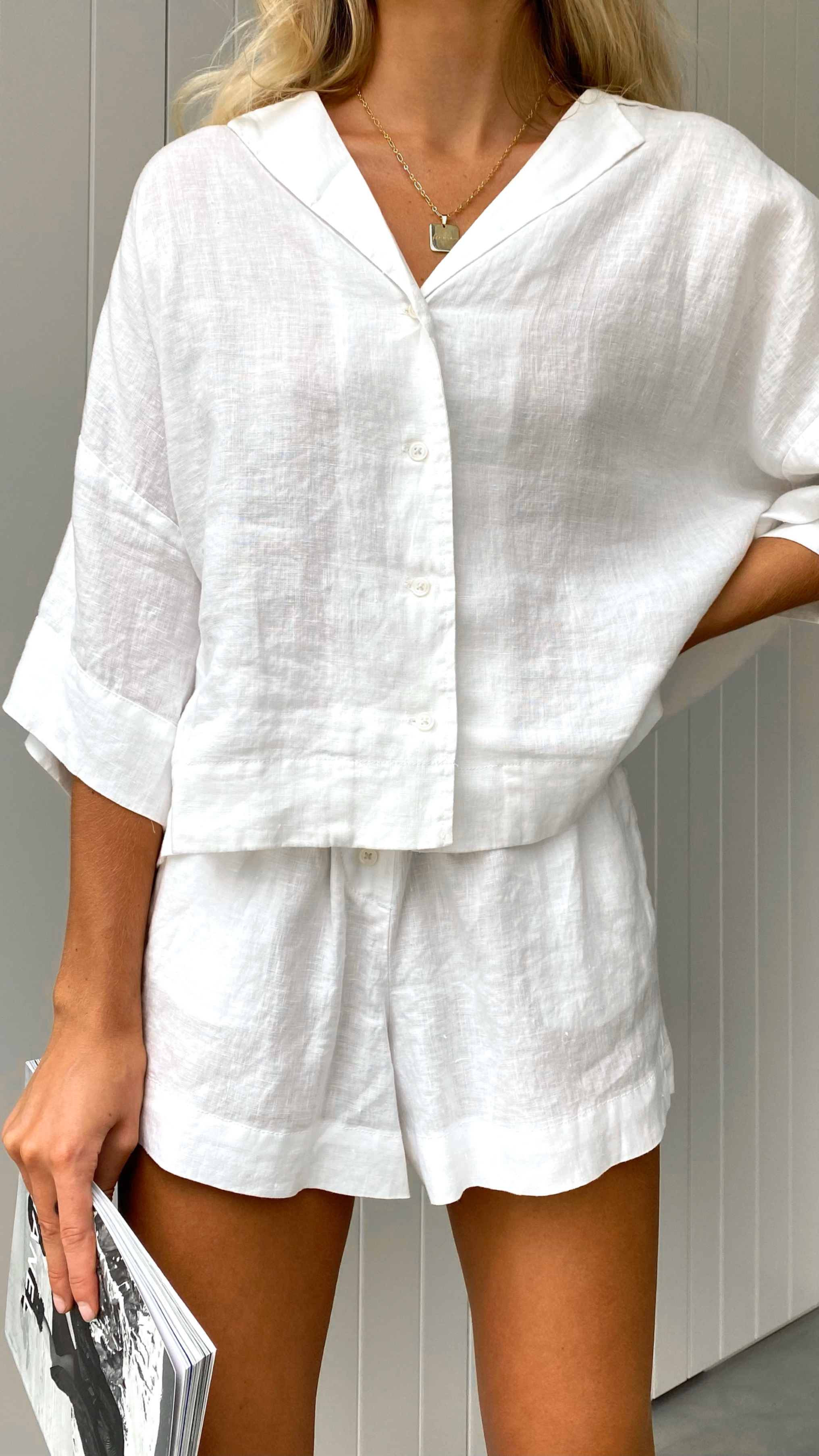 Linen Lounge Shirt - White-Sunshines Bliss
