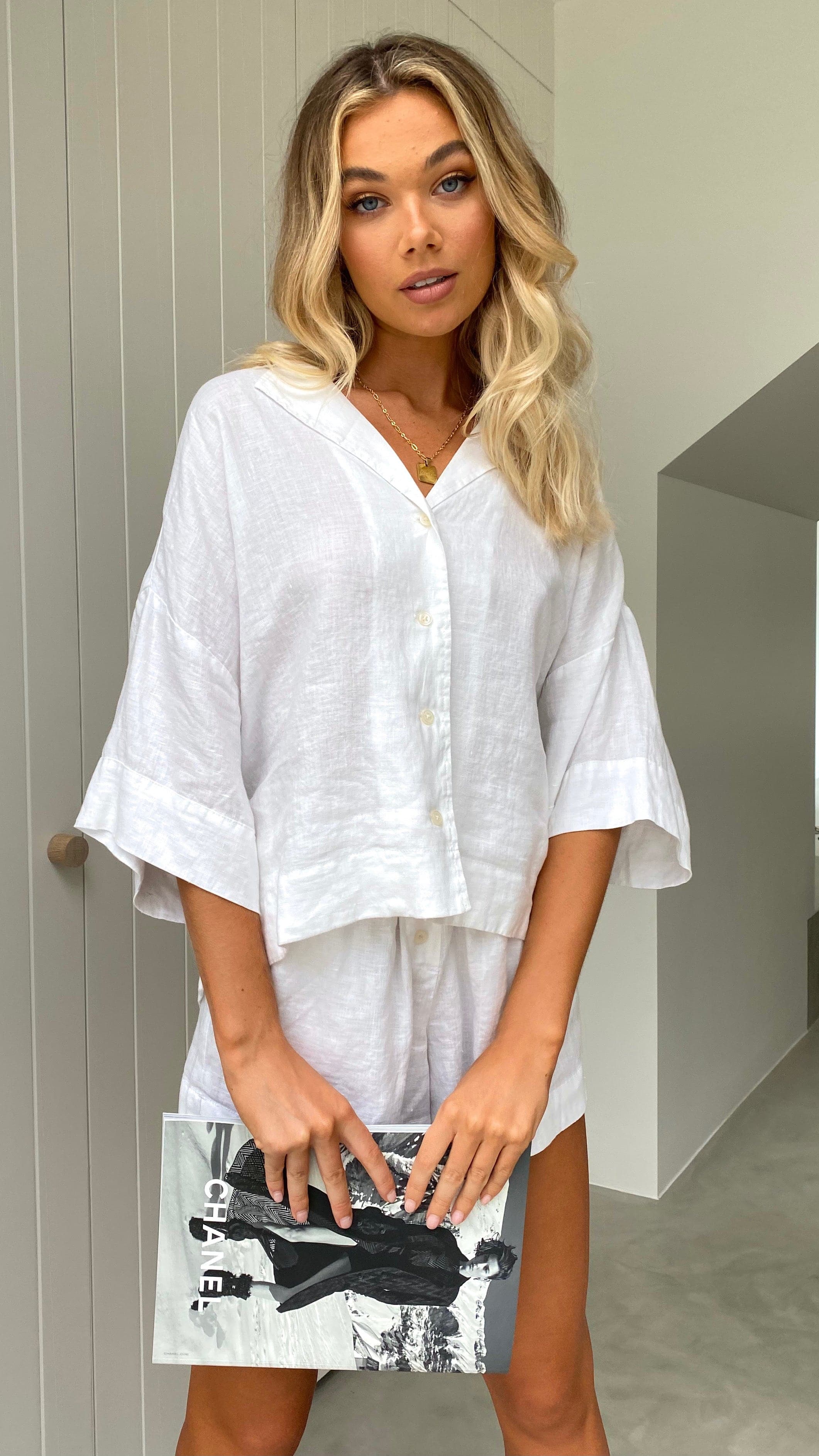 Linen Lounge Shirt - White-Sunshines Bliss