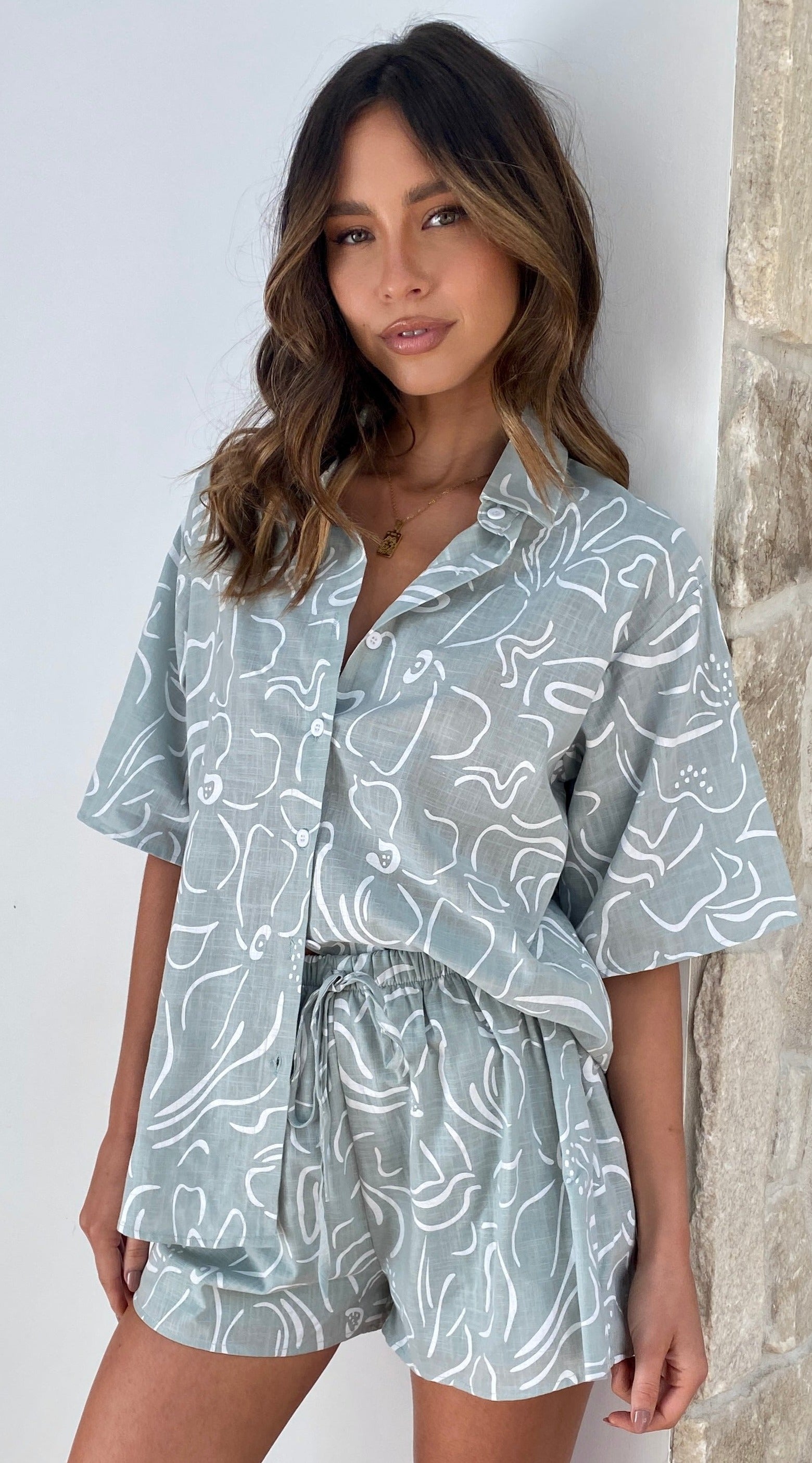 Charli Button Up Shirt and Shorts Set - Sage Floral-Sunshines Bliss