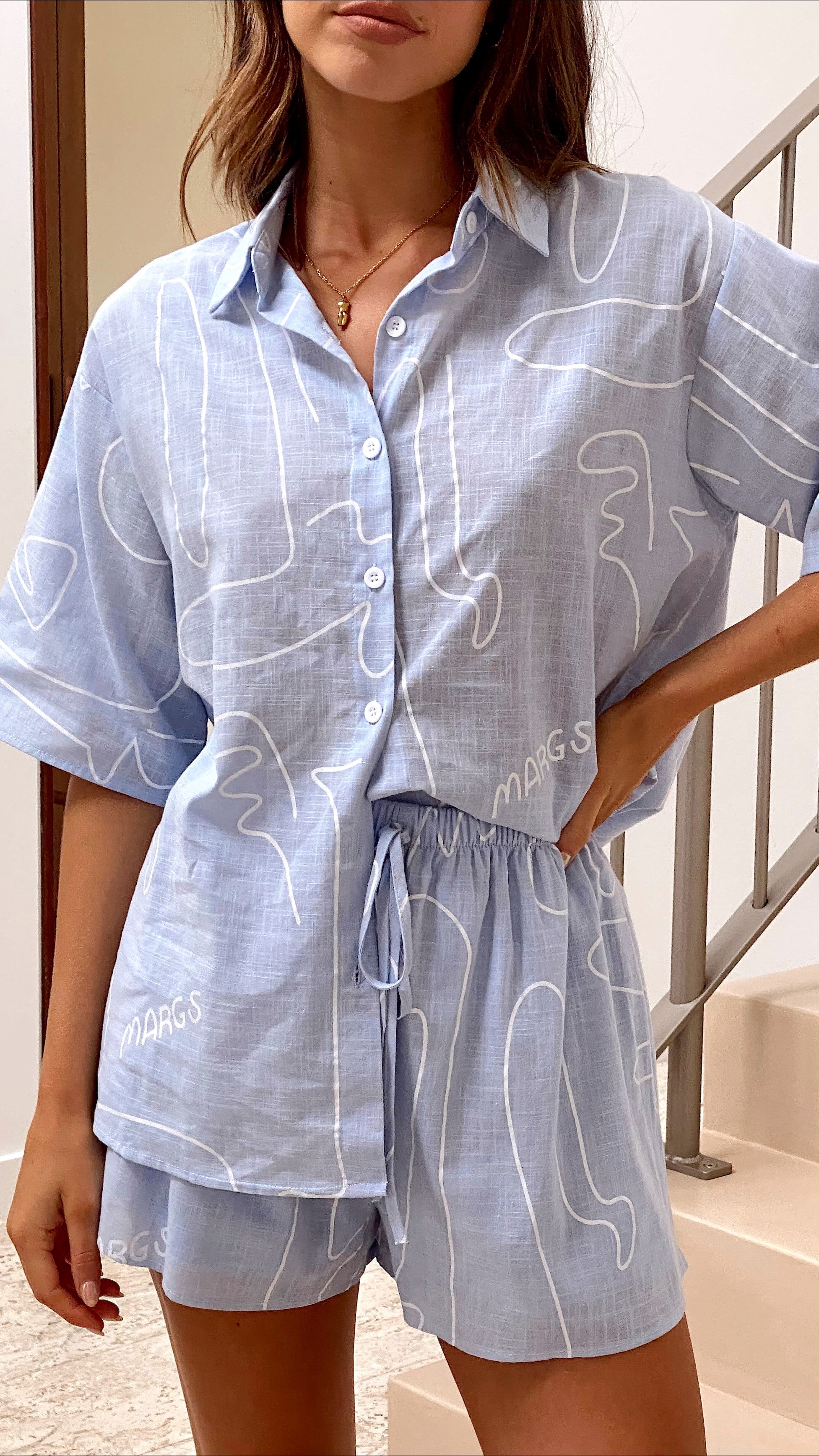 Charli Button Up Shirt and Shorts Set - Blue Sky-Sunshines Bliss