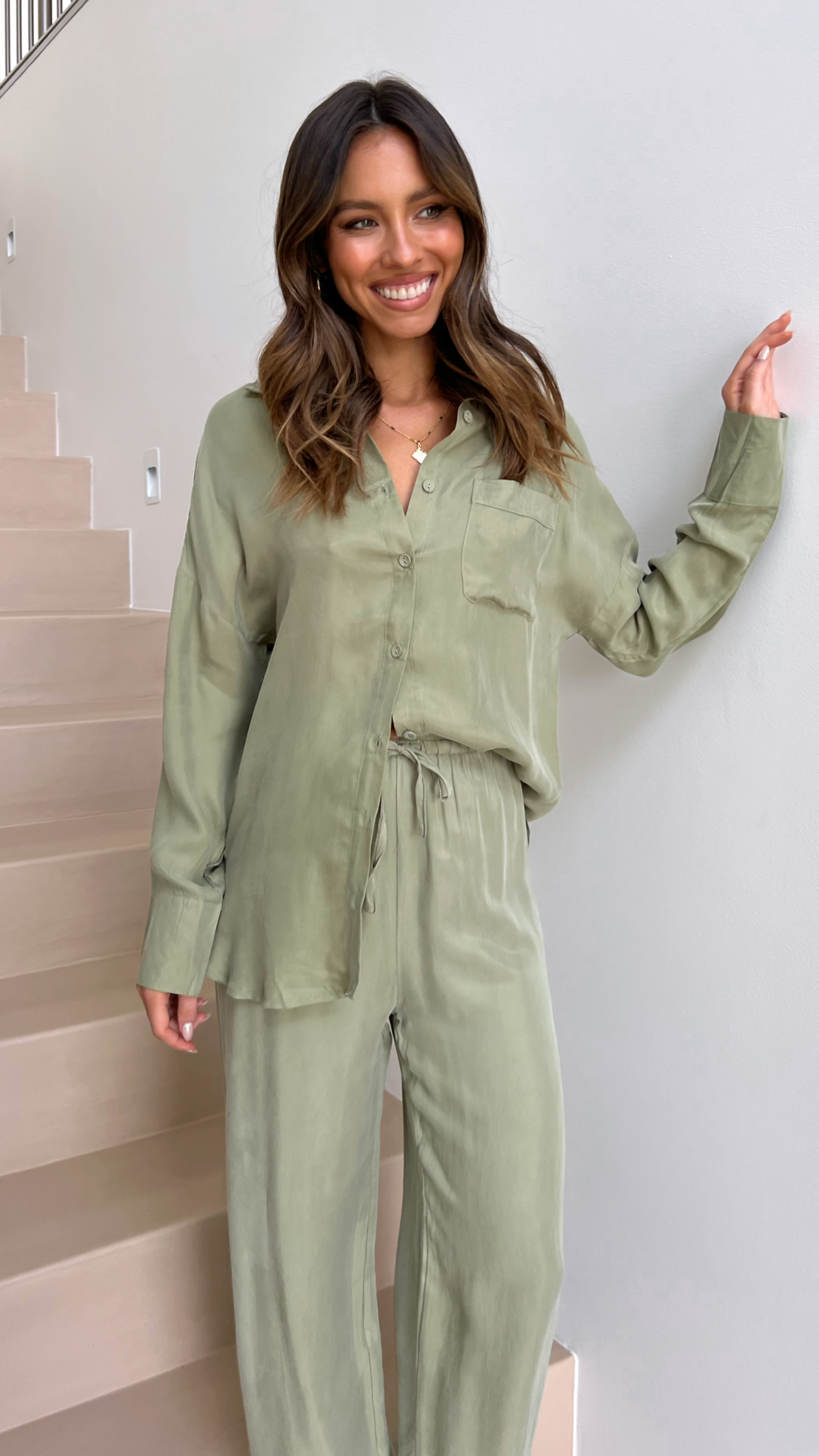 Graciela Button Up Shirt - Sage Cupro-Sunshines Bliss