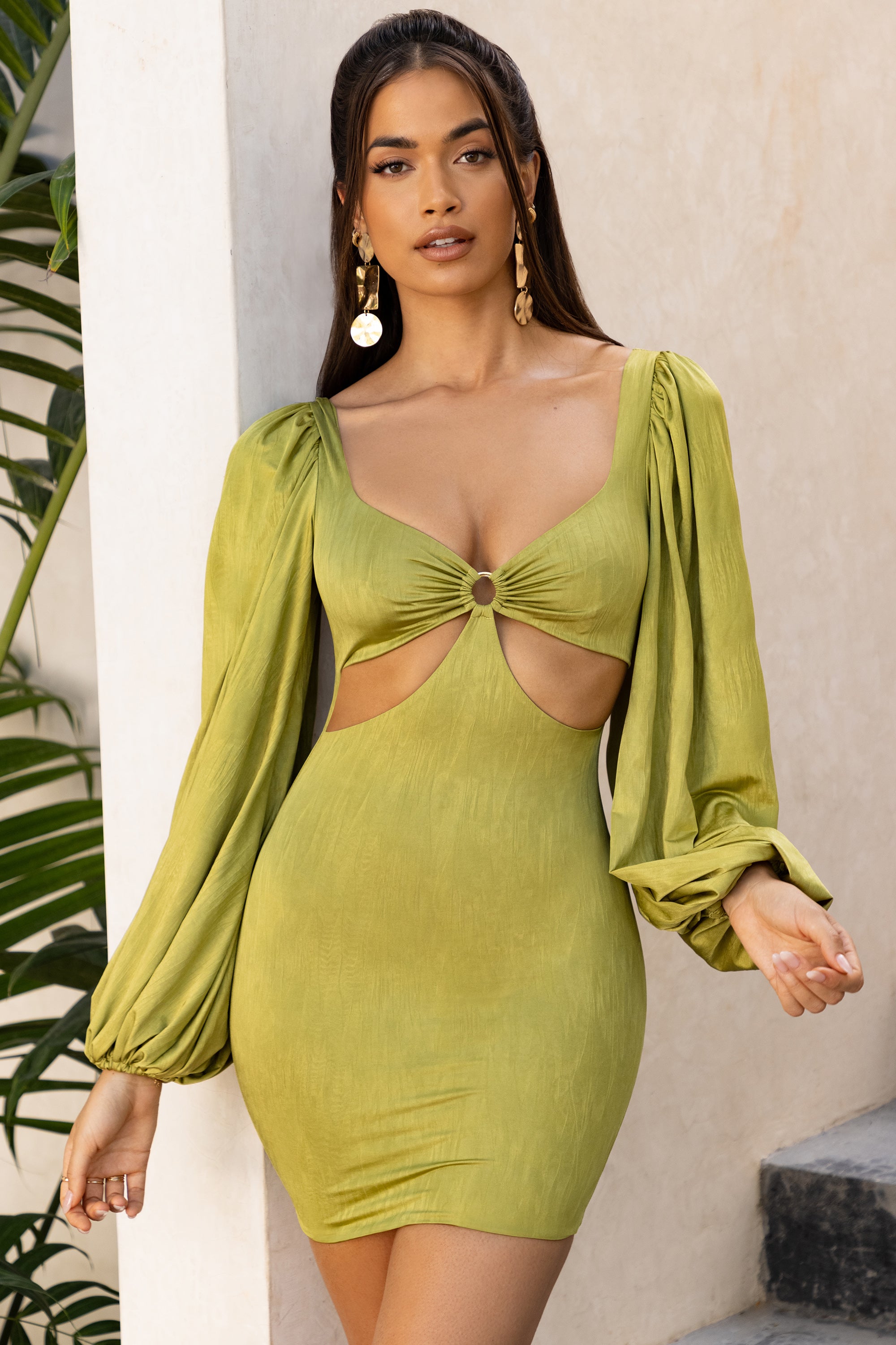 Balloon Sleeve Cut Out Mini Dress in Olive